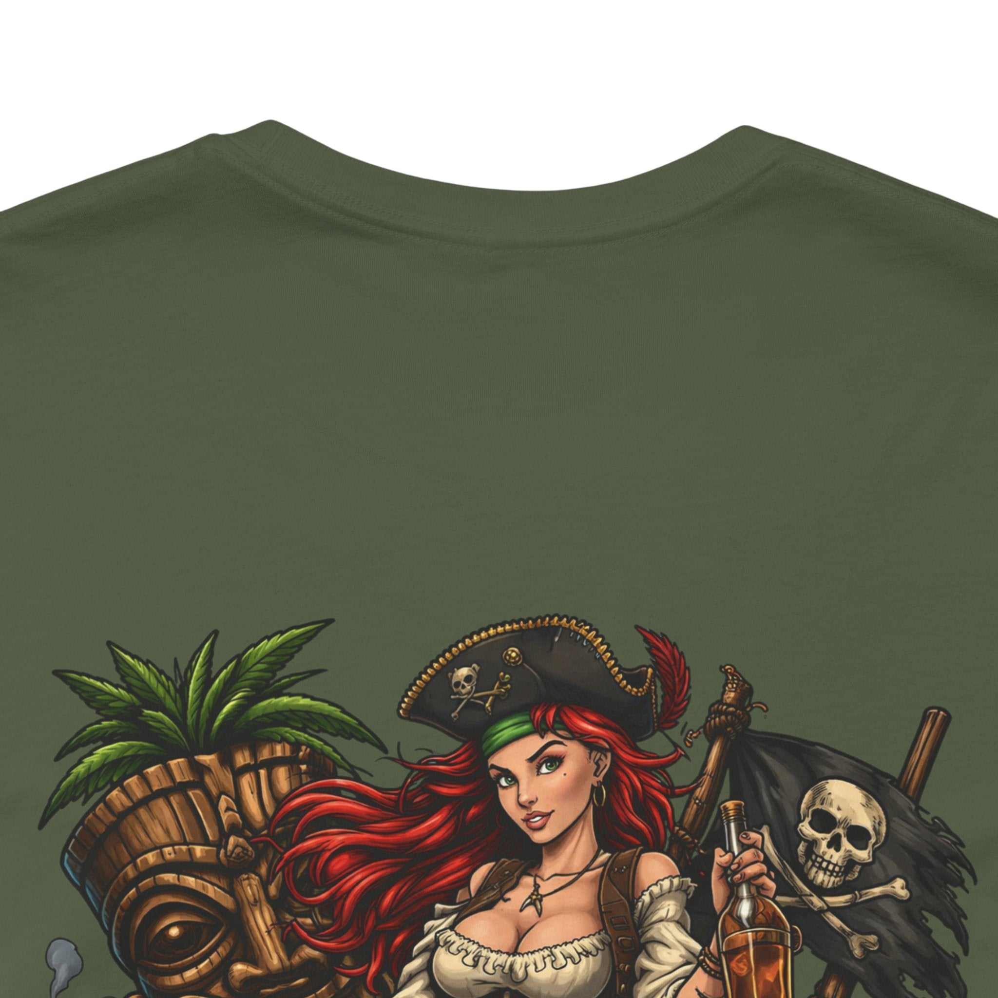 Rum Runs Deep pirate pinup T-shirt with vibrant back print and nautical design
