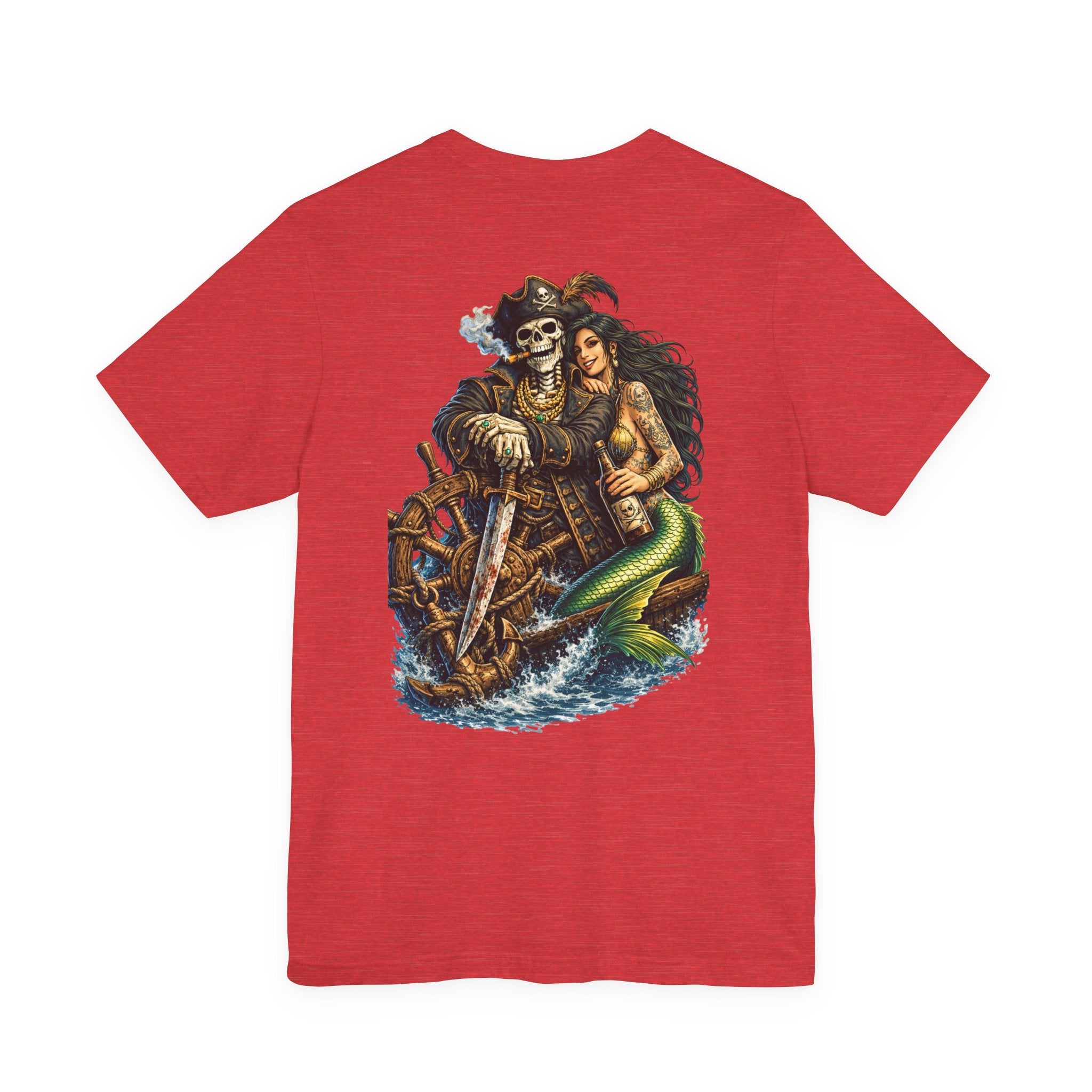 Pirate Skeleton & Mermaid Graphic Tee — Nautical Skull Crew Neck Shirt
