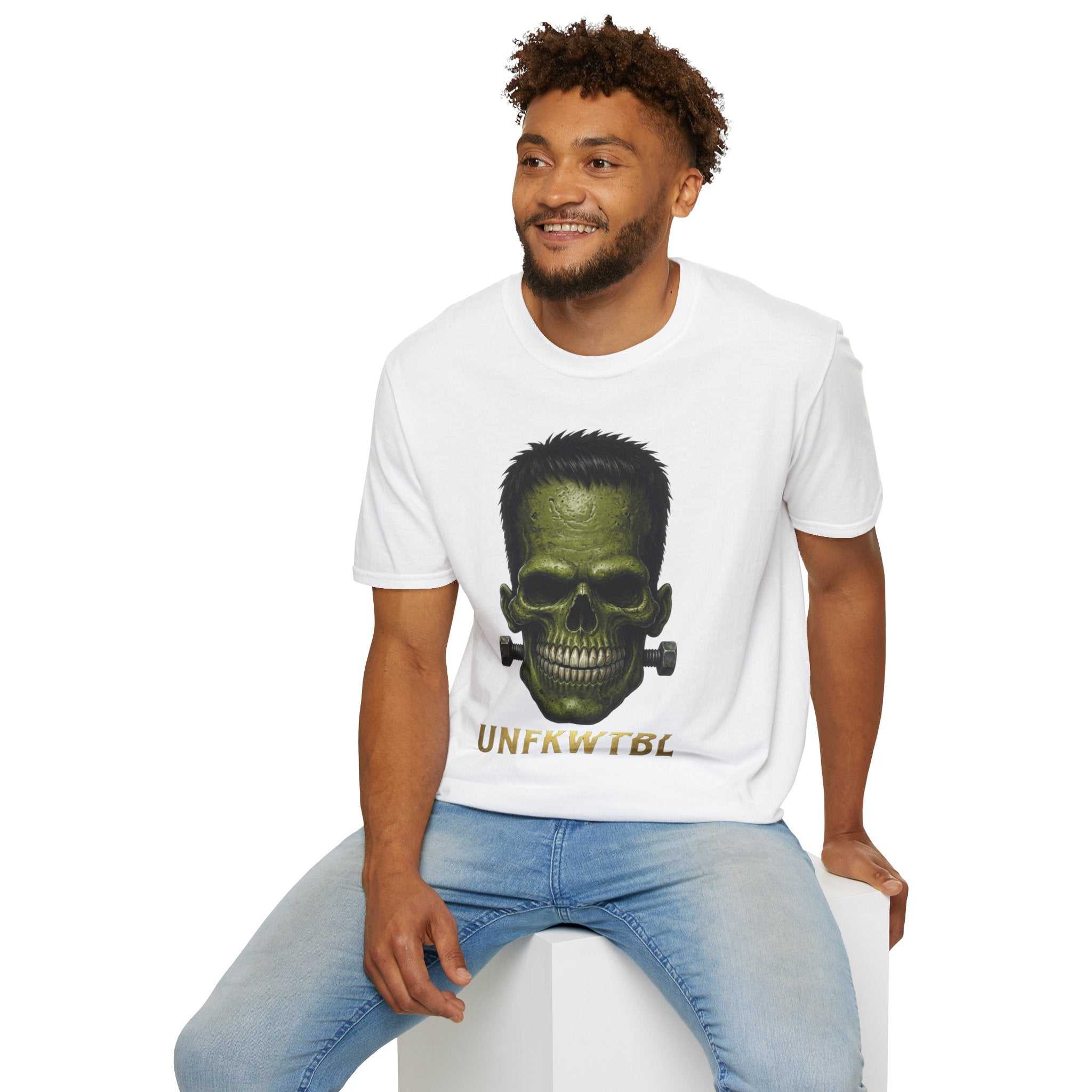 Frankenstein Skull T-Shirt — Green Horror Graphic Tee with 'UNFKWTBL'