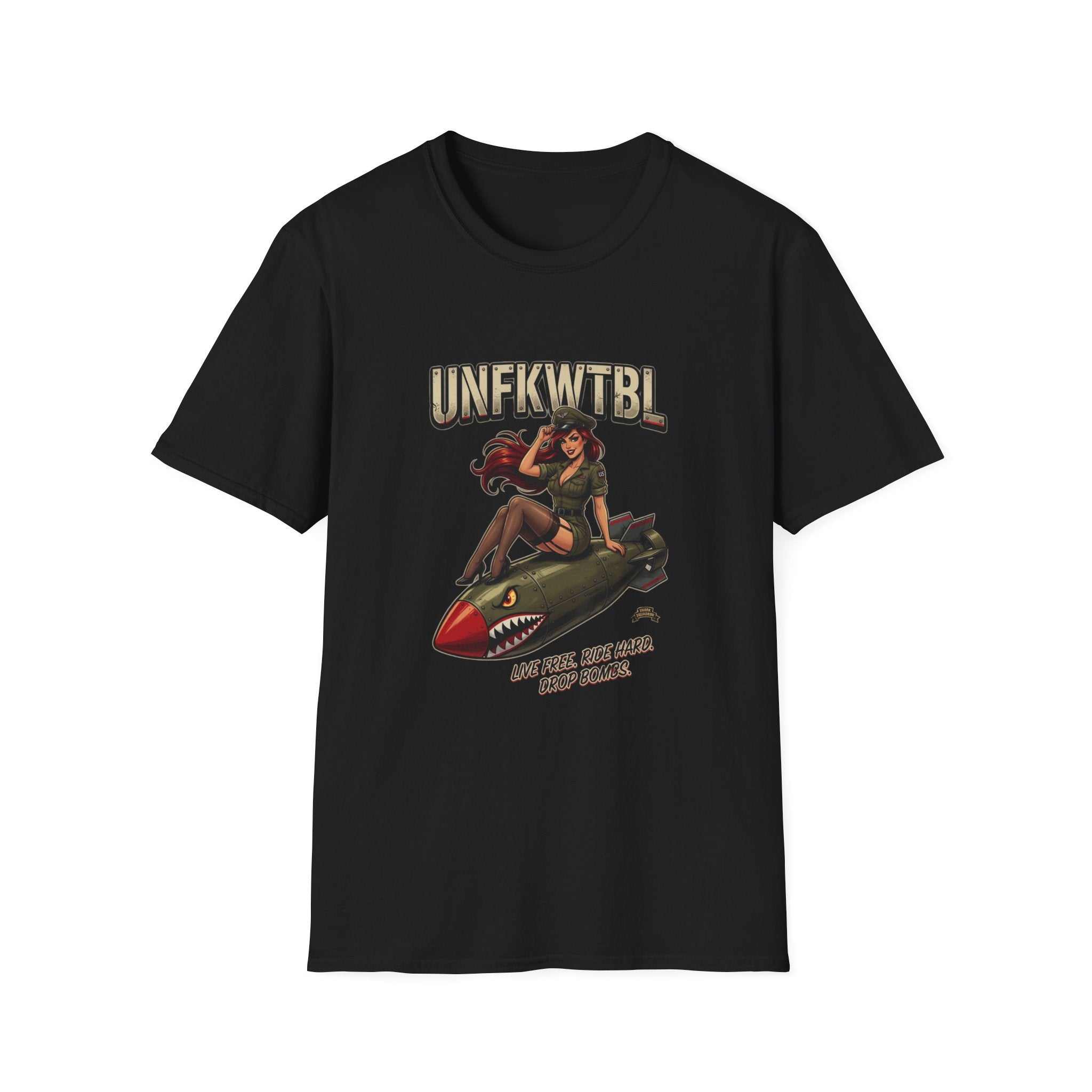 Vintage Pinup Bomber T-Shirt with retro military pin-up graphic on lightweight cotton fabric