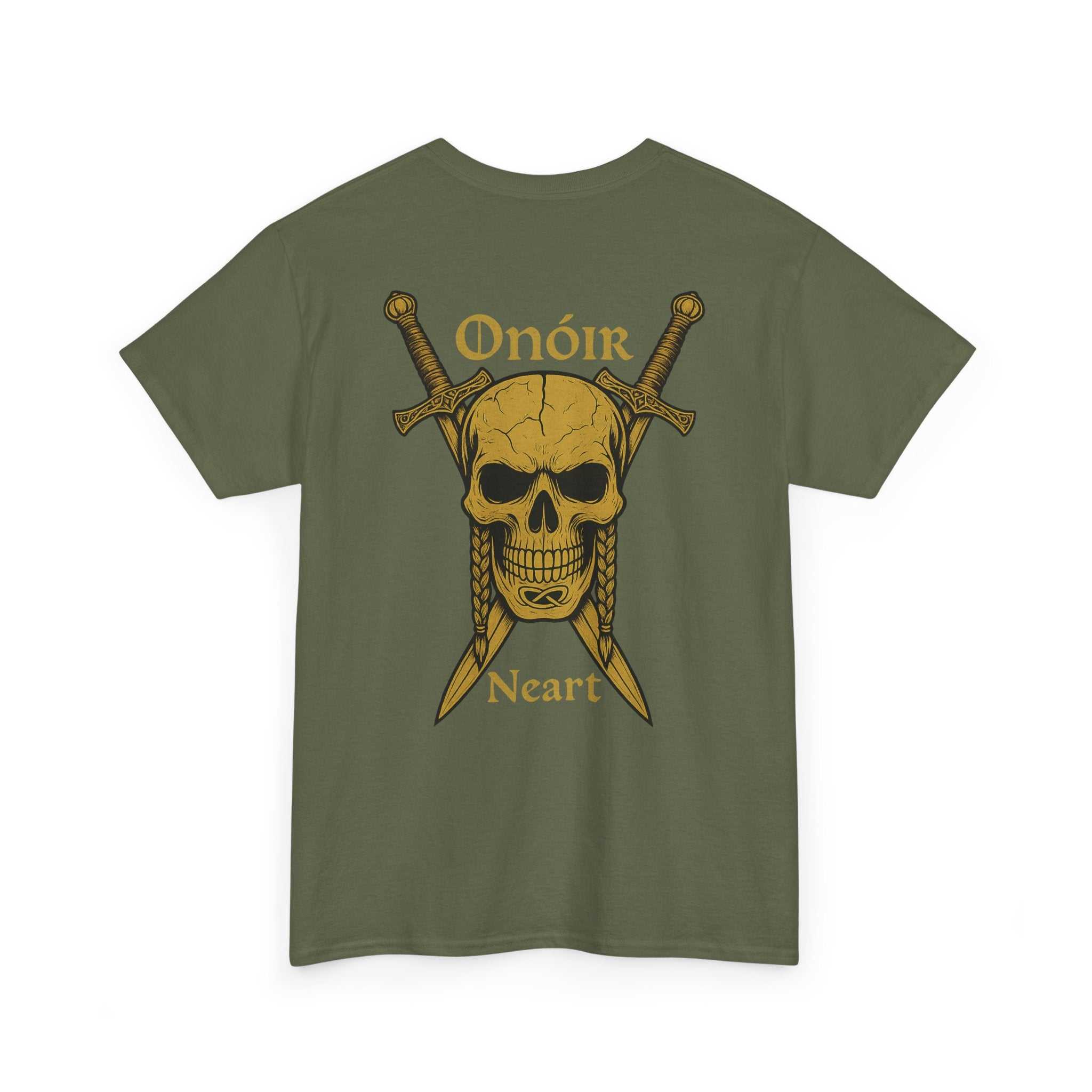 White Skull & Swords Tee with Celtic "Onóir Neart" design in antique gold on back and chest script