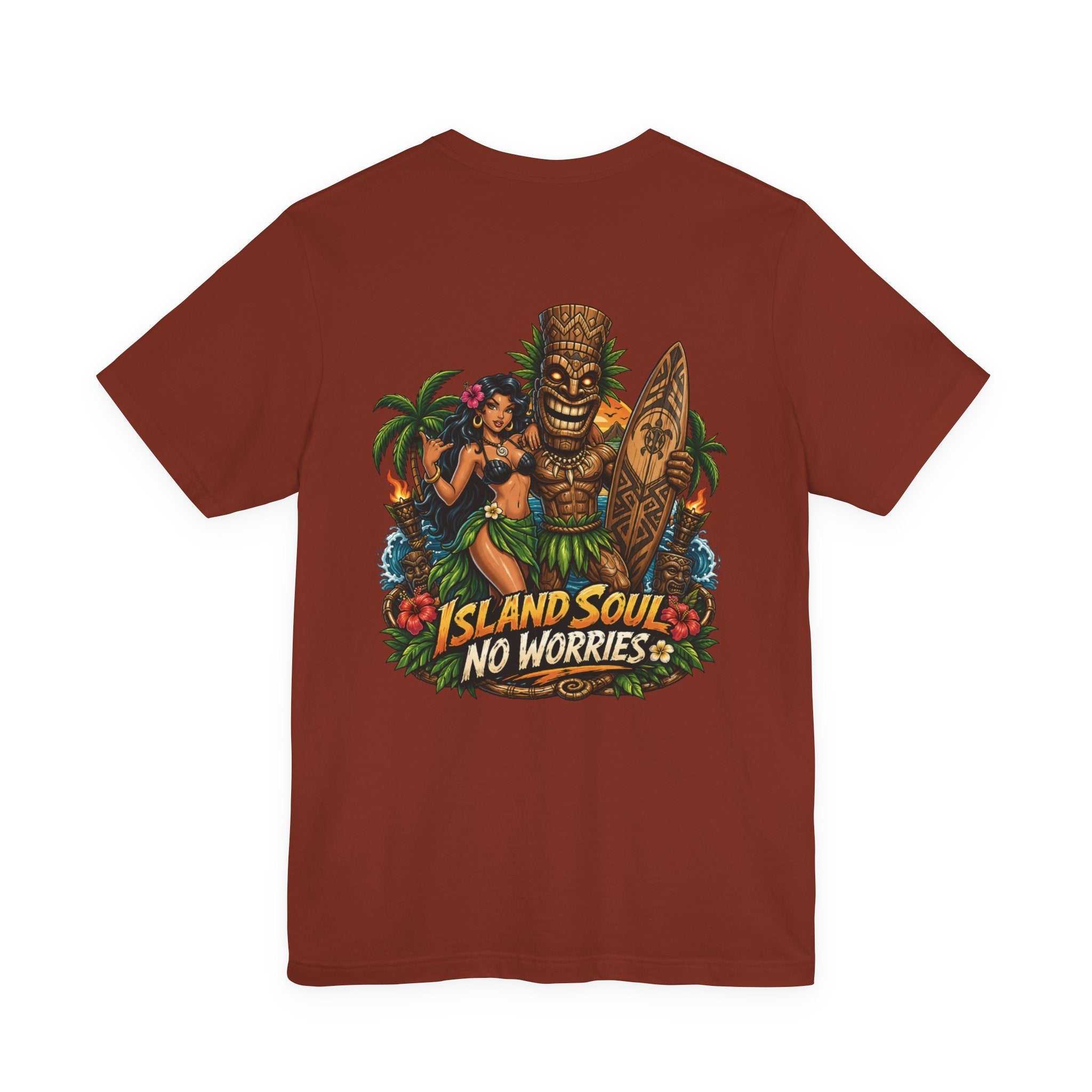 Tropical Tiki Tee with tiki, hibiscus flowers, and waves design on back, soft breathable cotton shirt for island vibes and summer style