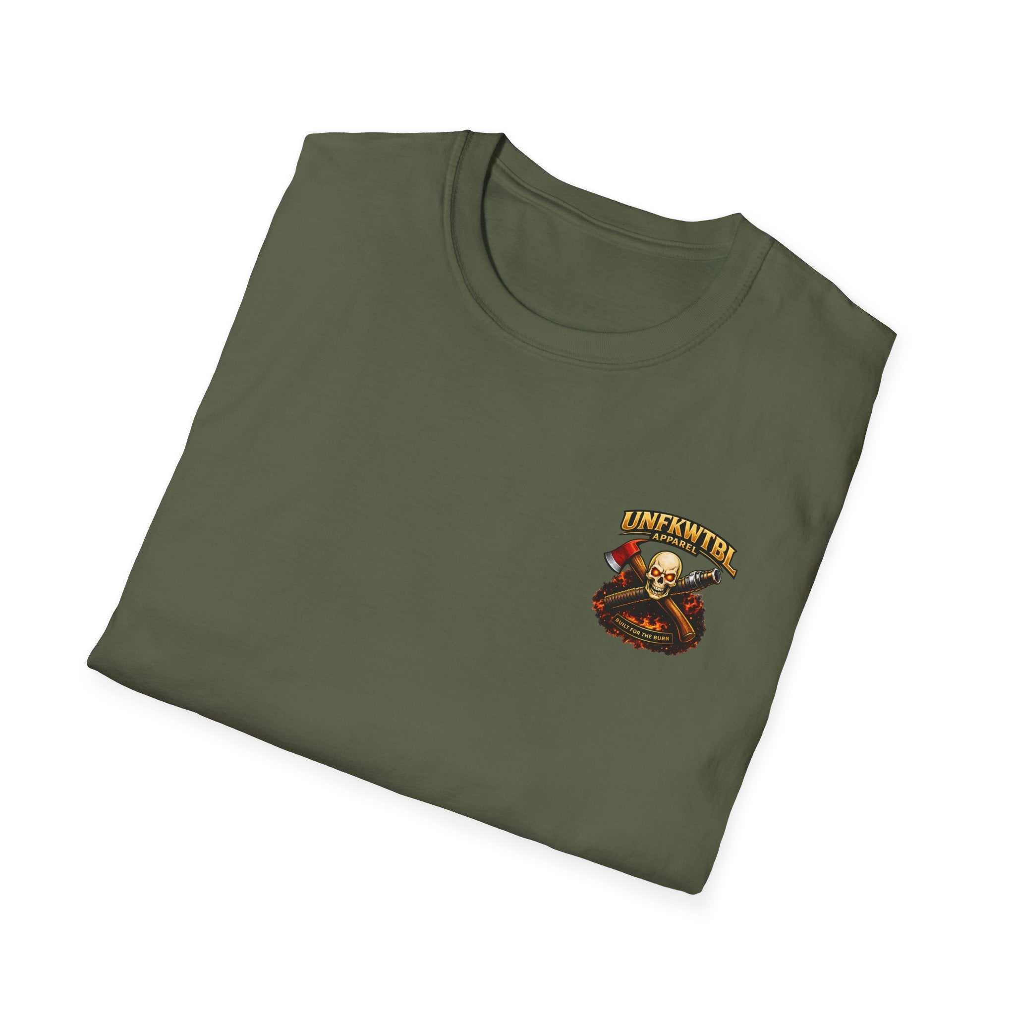 Firefighter T-shirt featuring "UNFKWTBL Apparel: We Handle The Hose" graphic with rescue scene and badge emblem