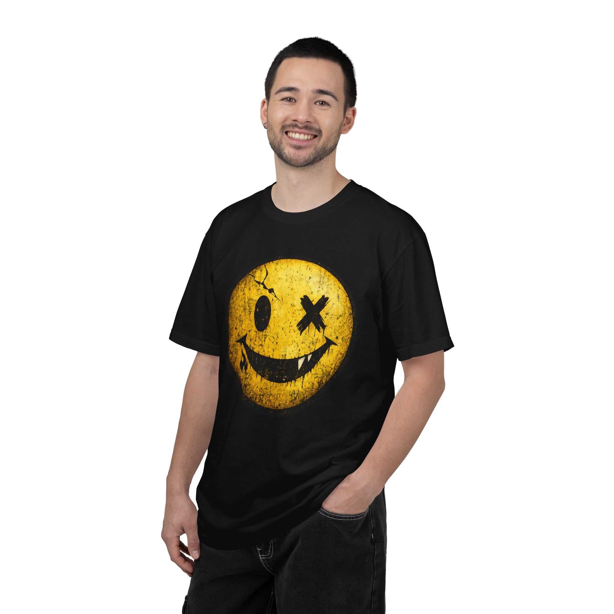Grunge Smiley Tee — Distressed Yellow Smile Face T-Shirt