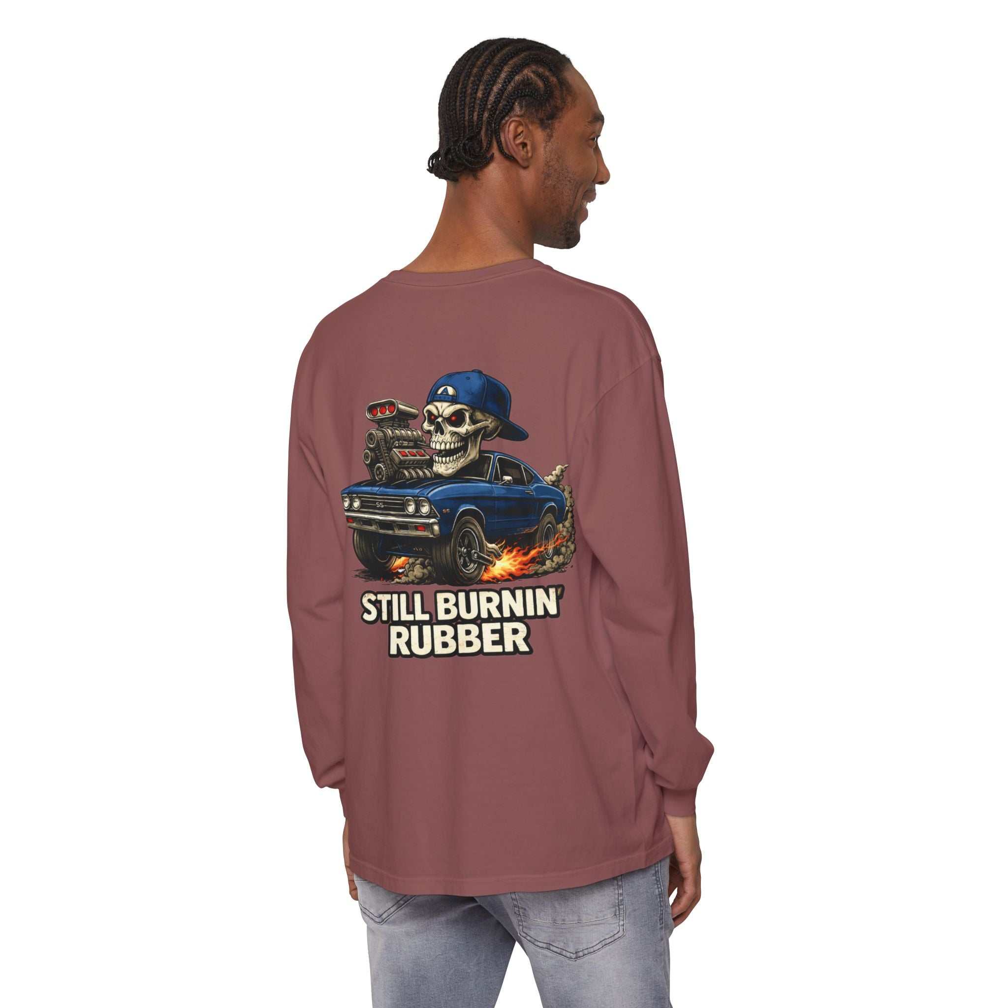 Still Burnin' Rubber Long Sleeve Tee — Retro Skull Muscle Car Graphic