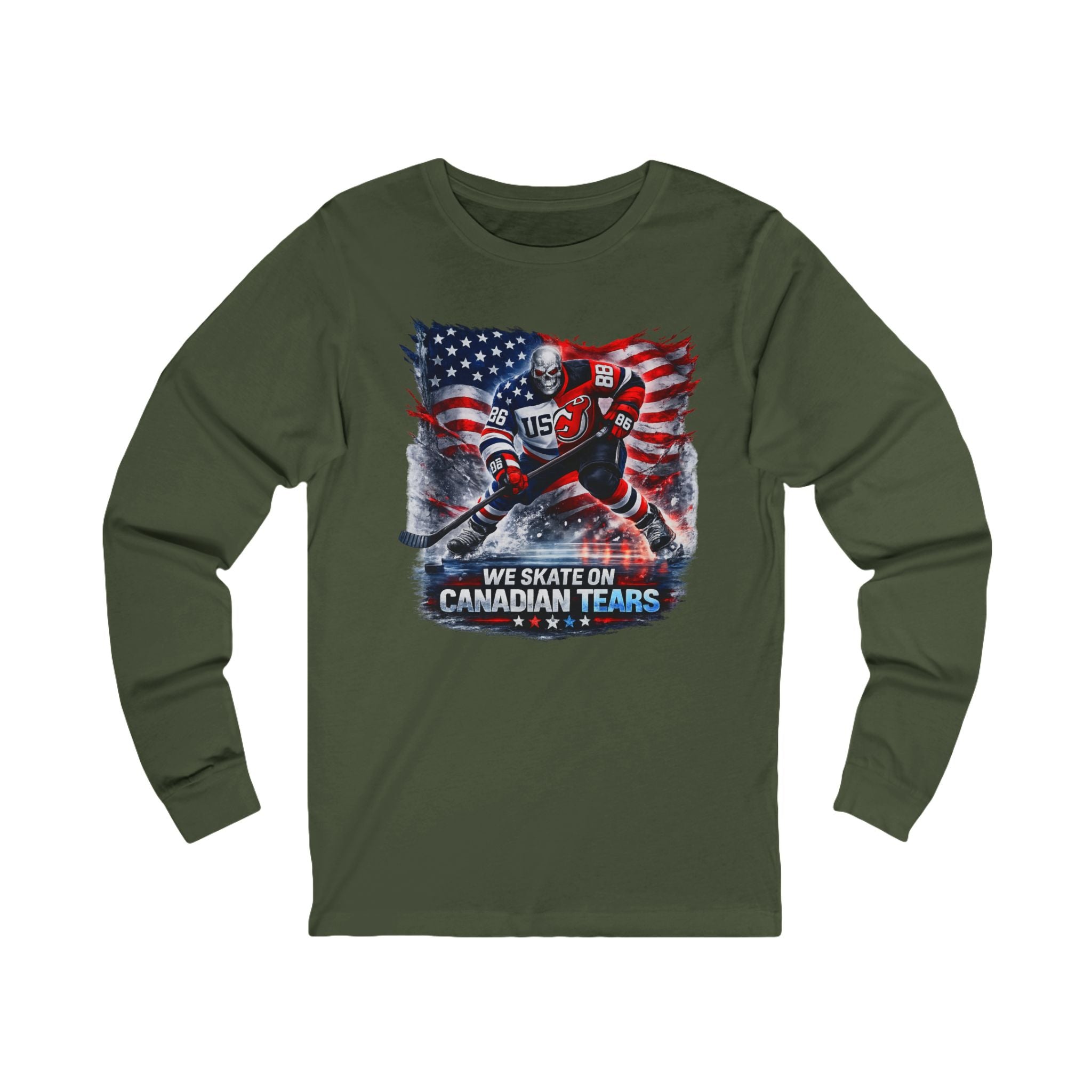 Hockey Long Sleeve Tee — We Skate on Canadian Tears (USA Flag Graphic)