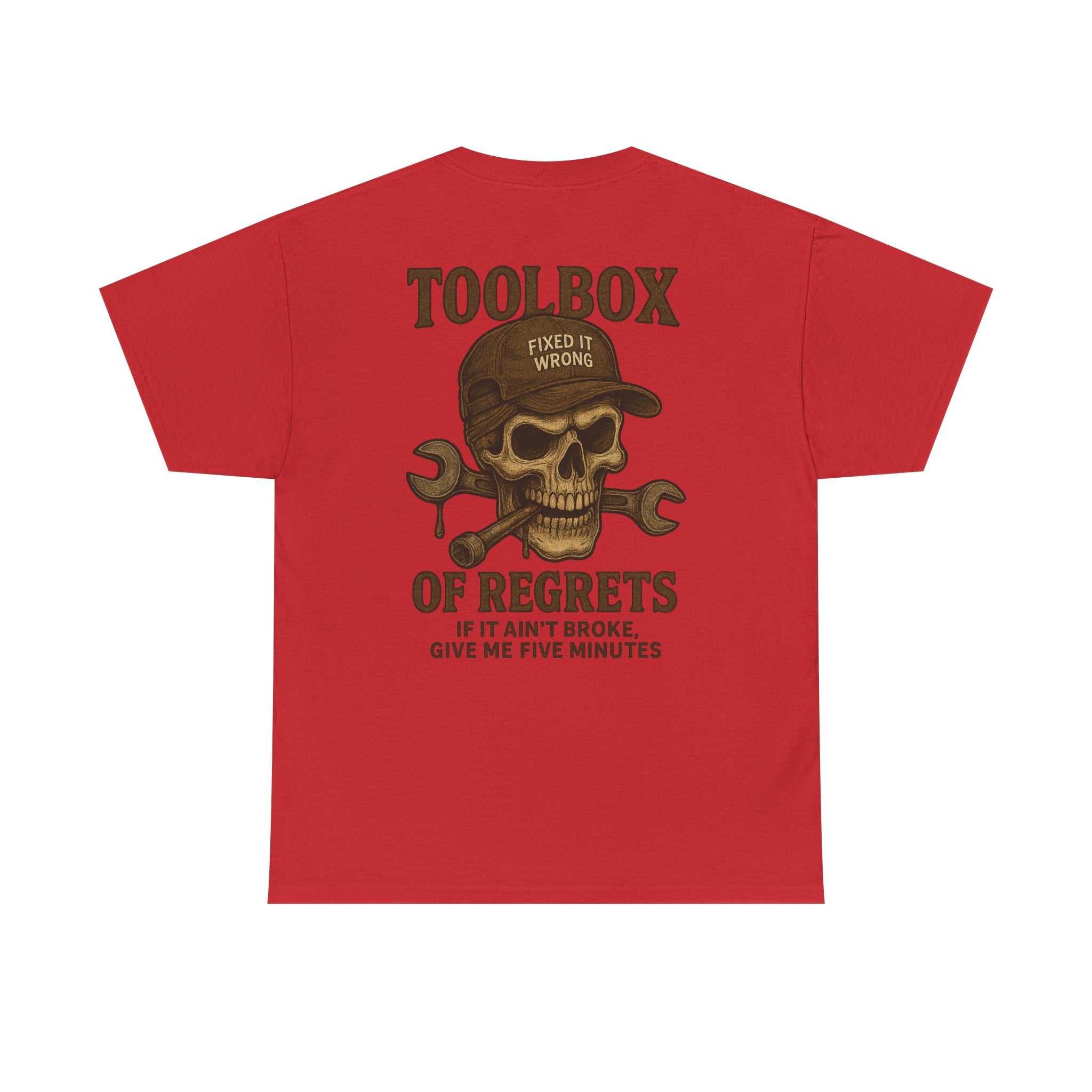 Toolbox of Regrets skull and wrenches graphic on durable mechanic t-shirt