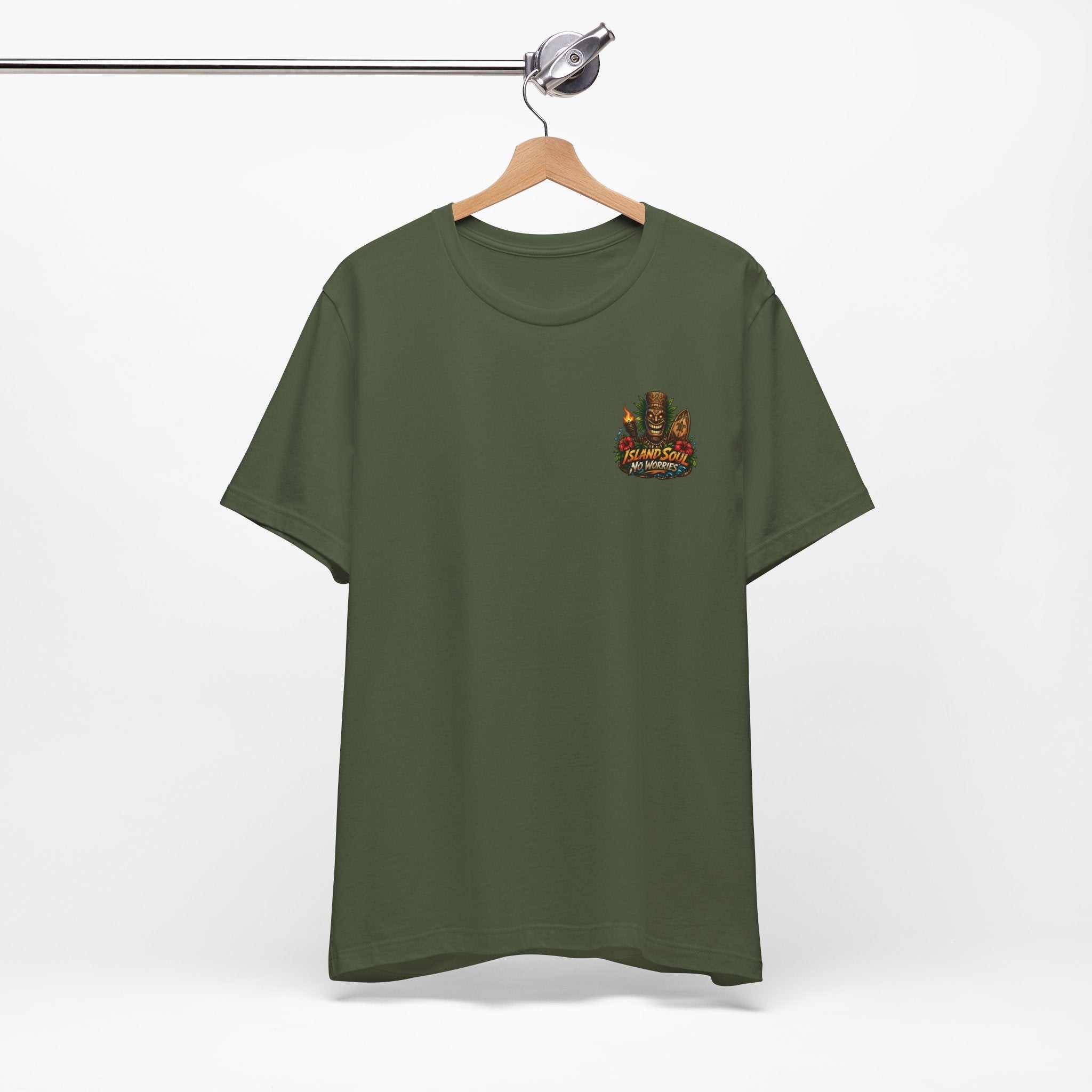 Tropical Tiki Tee with tiki, hibiscus flowers, and waves design on back, perfect for beach and tropical style