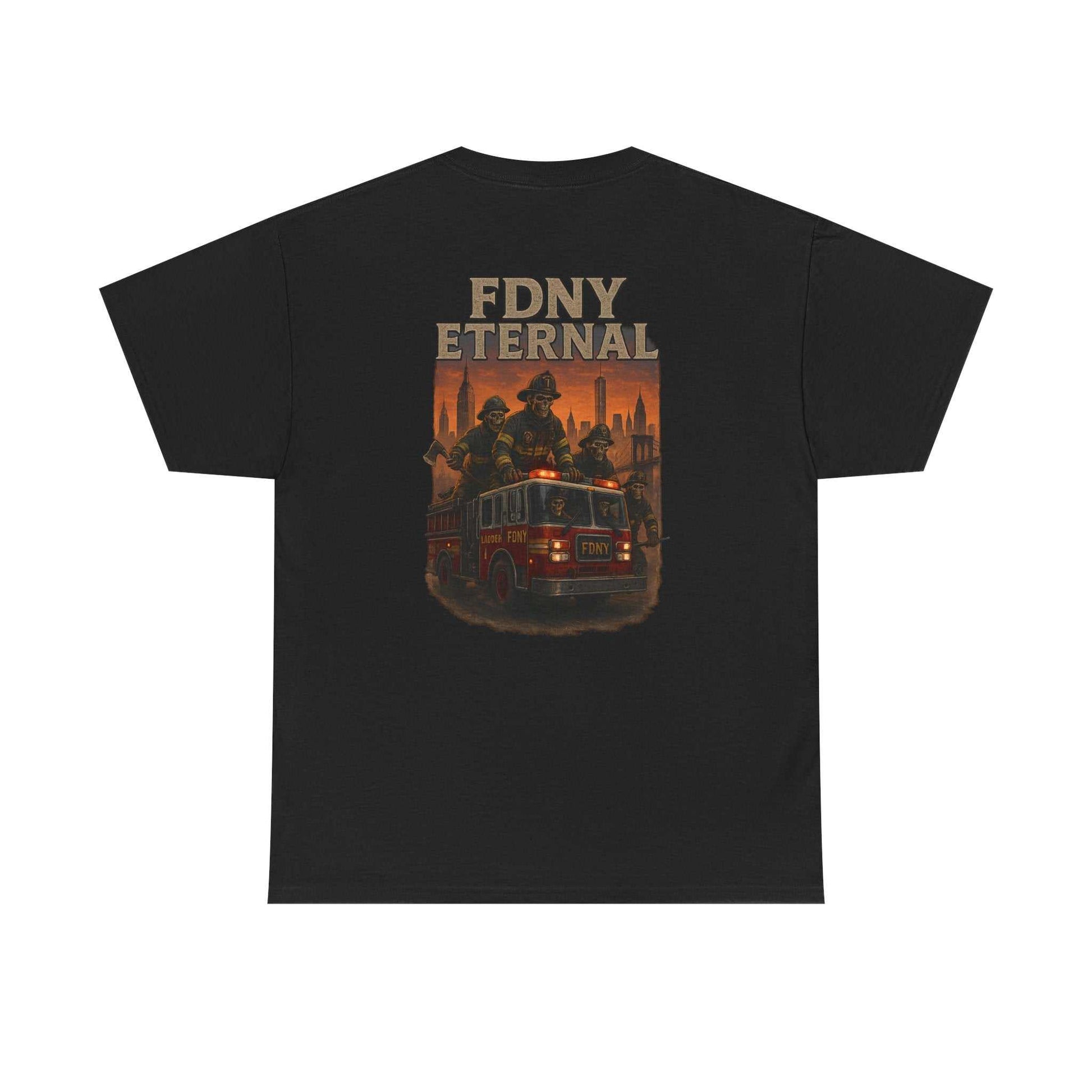 Black T-Shirt FDNY ETERNAL Tribute Tee with firefighter and fire truck design