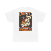 White graphic tee with dough boy chilling in oven smoking cinnamon stick and "Baked and Dangerous" text design