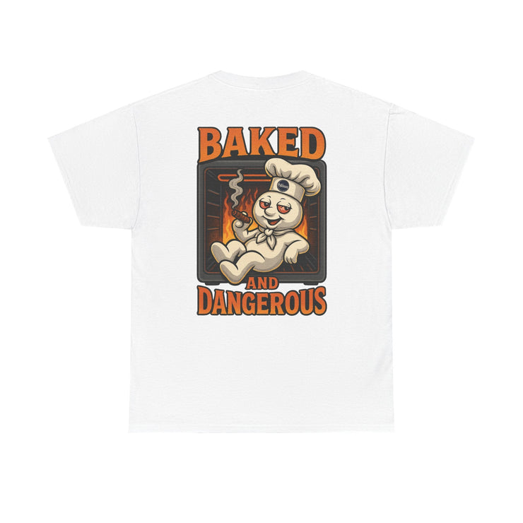 White graphic tee with dough boy chilling in oven smoking cinnamon stick and "Baked and Dangerous" text design
