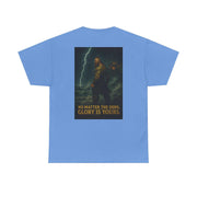 Light blue unisex cotton t-shirt with inspirational quote "No matter the odds, glory is yours" and artistic warrior design on the back.