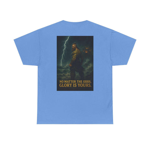 Light blue unisex cotton t-shirt with inspirational quote "No matter the odds, glory is yours" and artistic warrior design on the back.