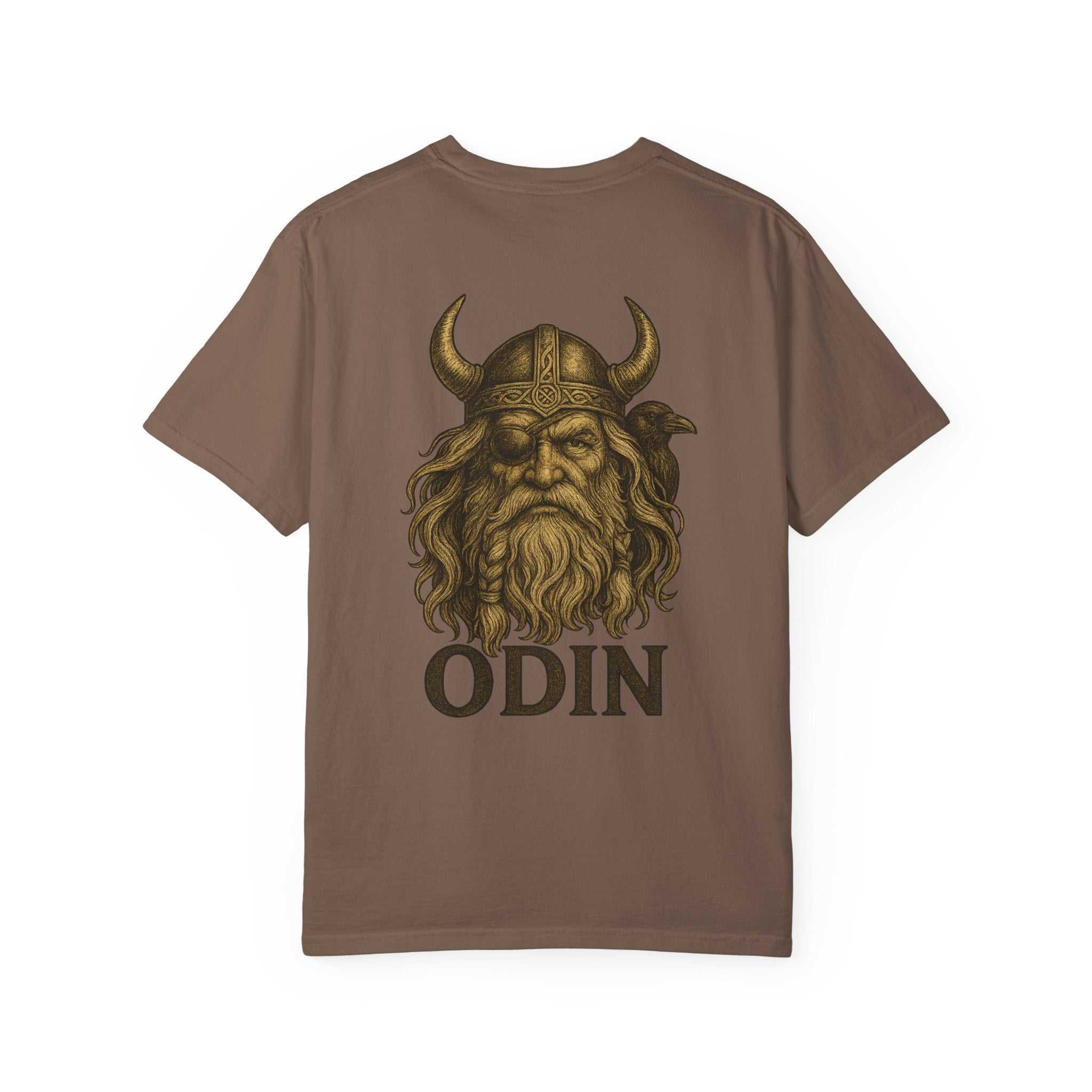 brown unisex Odin All Father t-shirt with Viking Odin graphic and text on back