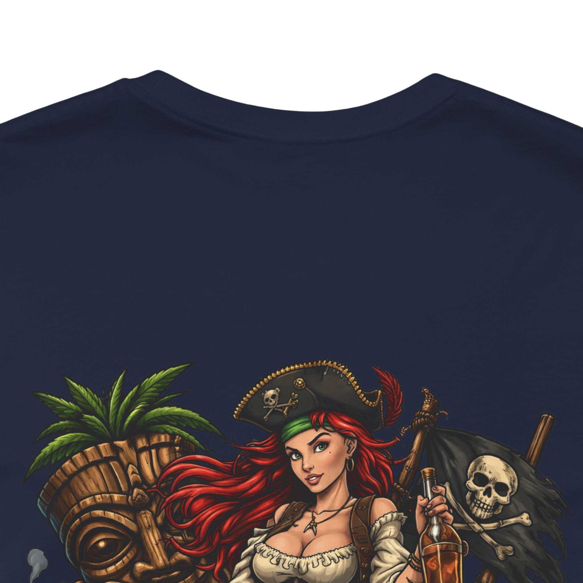 Rum Runs Deep pirate pinup T-shirt with vibrant tropical back print and breathable cotton fabric