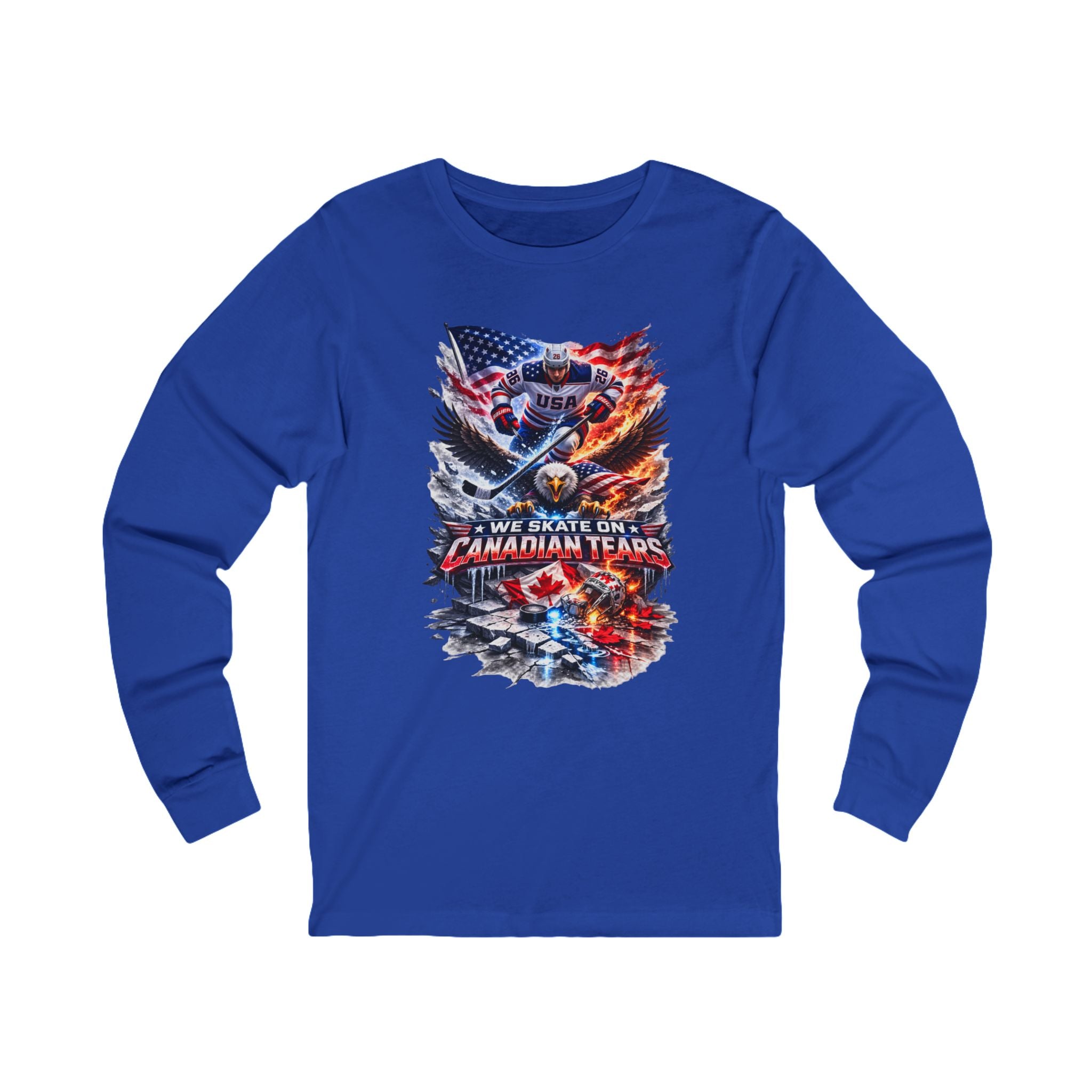 Hockey Player USA Flag Long Sleeve Tee – “We Skate On Canadian Tears” Patriotic Hockey Shirt