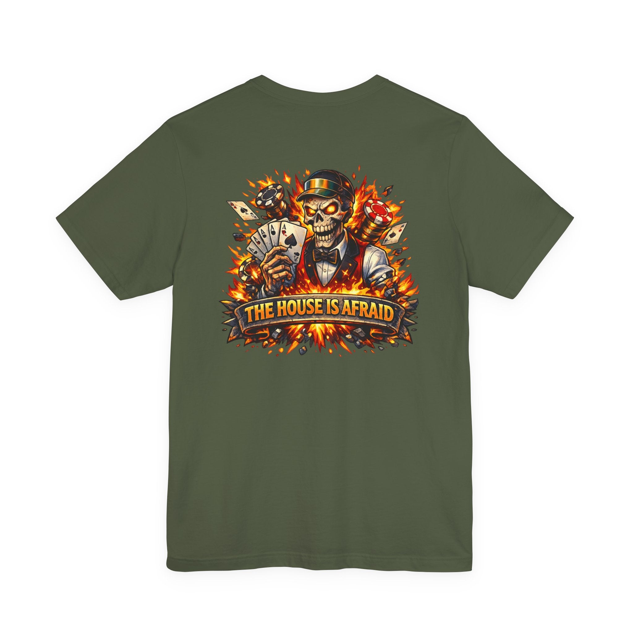 Poker Skull Tee — "The House Is Afraid" Graphic Playing Cards Shirt