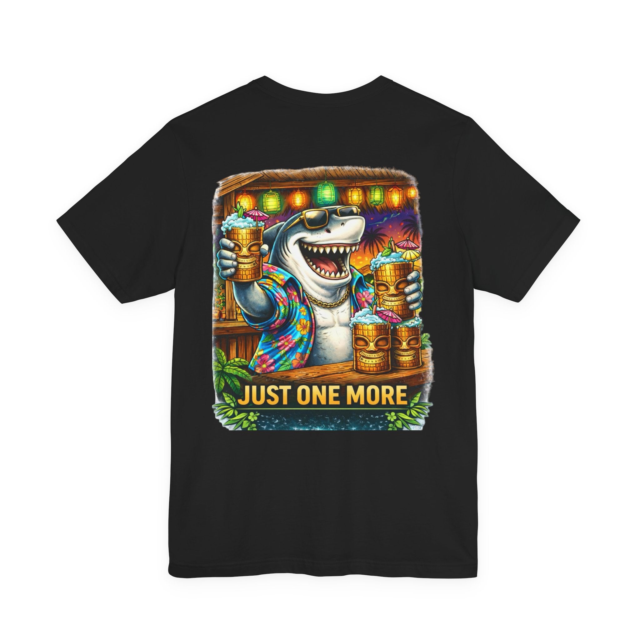 Shark Tiki Party Tee — "Just One More" Tropical Bar Graphic Shirt