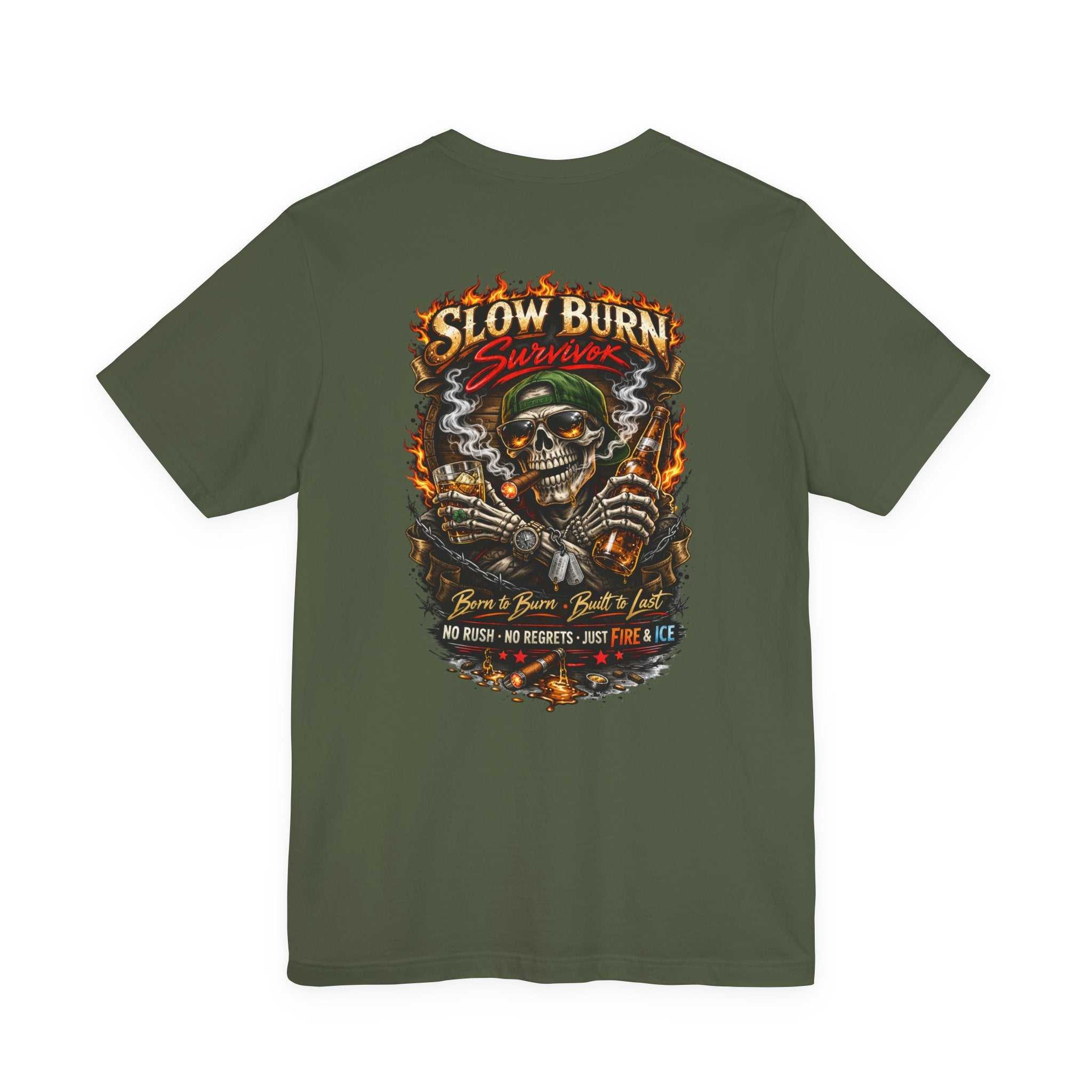Slow Burn Survivor T-Shirt — Vintage Skull Motorcycle Flame Tee