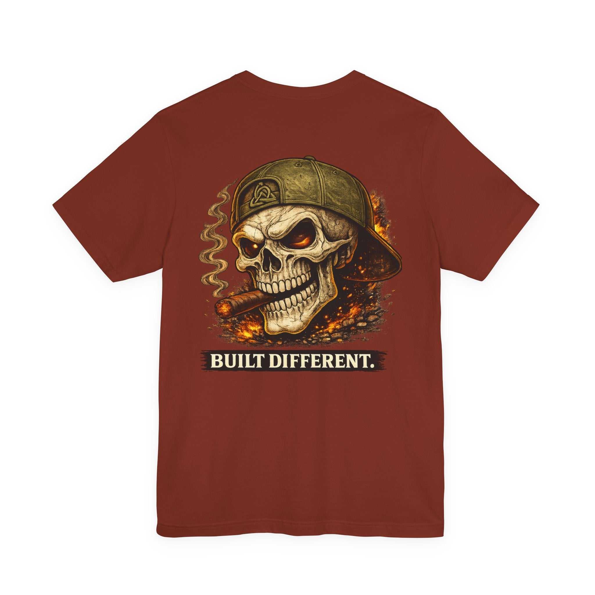 Built Different Skull Tee with bold biker skull graphic and rebellious style