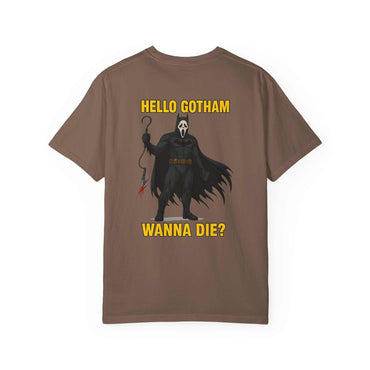Brown Batman Holographic Ghostface T-shirt with "Hello Gotham Wanna Die?" text and Ghostface in Batman costume graphic