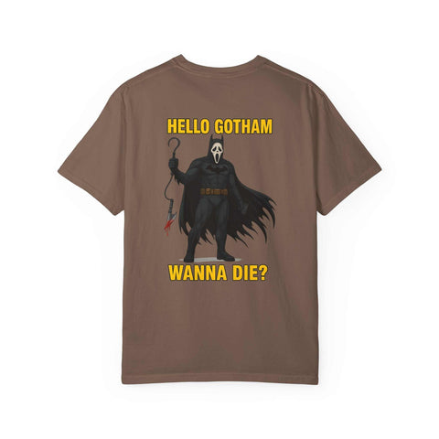 Brown t-shirt featuring Batman Holographic Ghostface design with "Hello Gotham Wanna Die?" text, unisex fit.