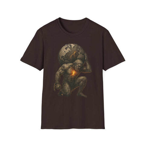 Atlas Strength Unisex Softstyle T-Shirt with bold graphic of Atlas holding the cracked earth on a dark background, soft 100% cotton tee for everyday wear