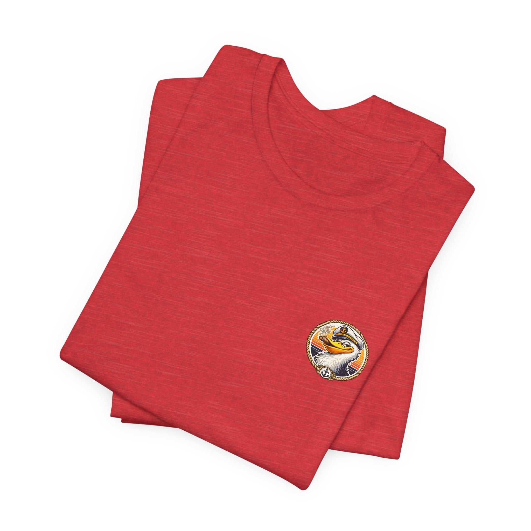 T-Shirt — Retro Pelican on Inflatable Tube Graphic Tee (Beach Vacation, Tropical Sunset)