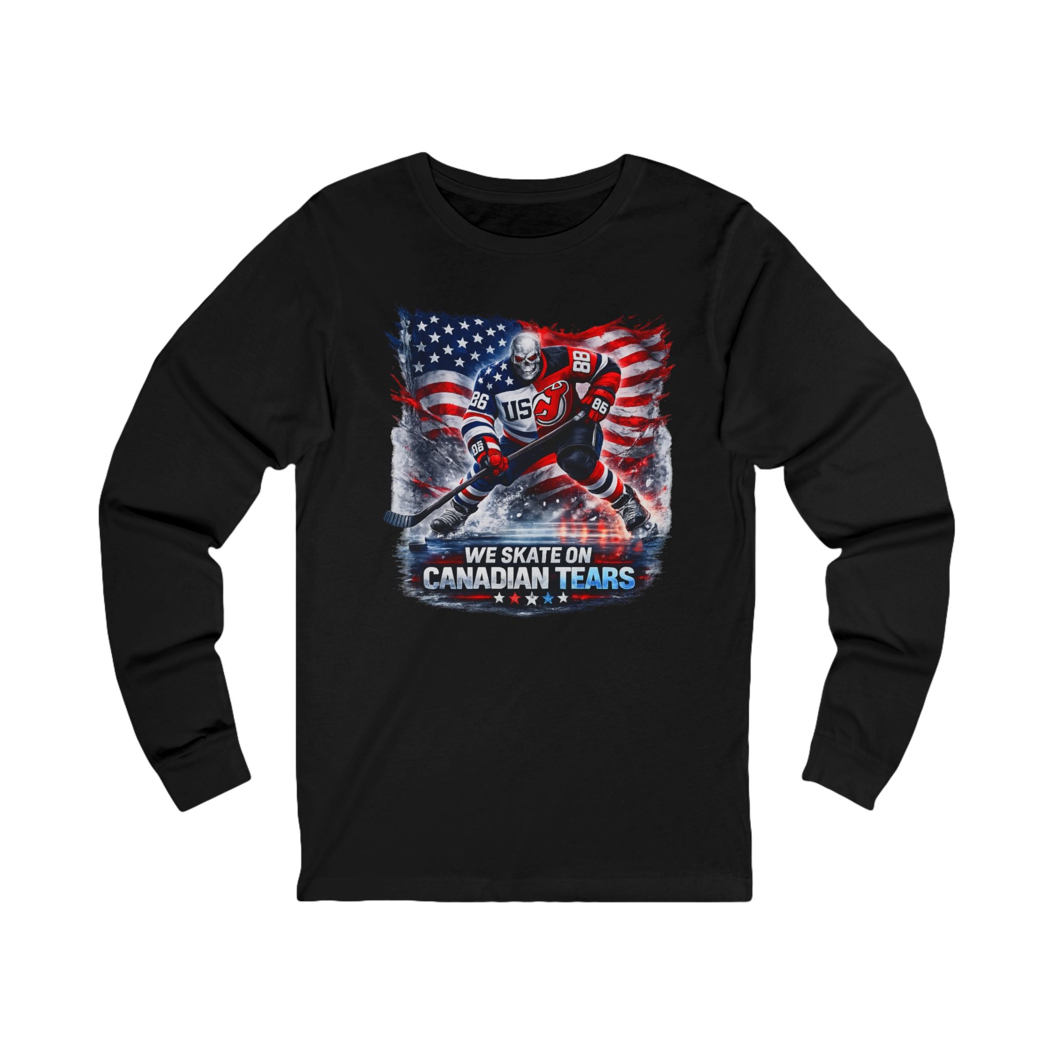 Hockey Long Sleeve Tee — We Skate on Canadian Tears (USA Flag Graphic)
