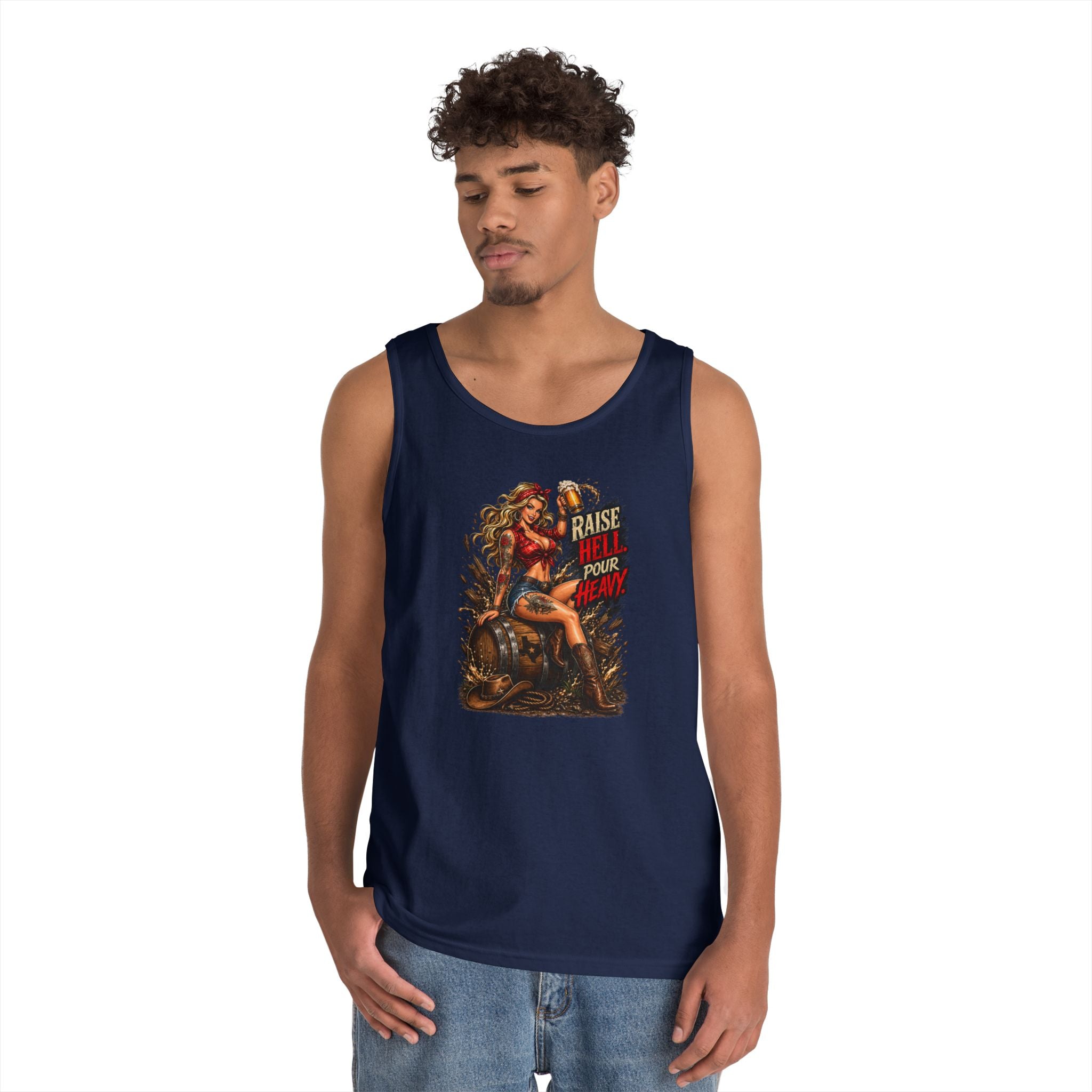 Pinup Biker Tank Top – "Raise Hell, Pour Heavy" Vintage Motorcycle Graphic