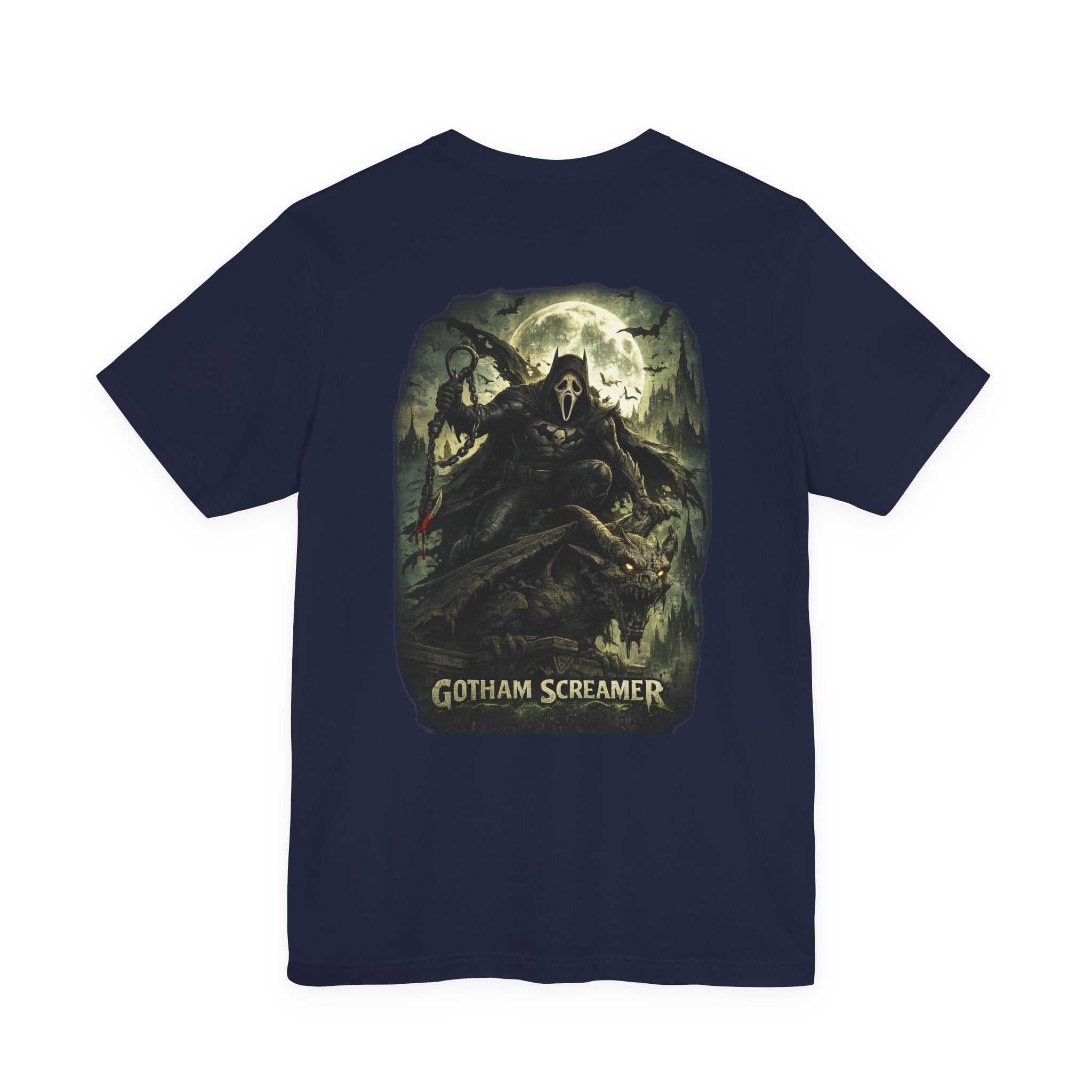 Gotham Screamer T‑Shirt vintage gothic horror graphic tee with spooky cityscape and shadowy figures under full moon