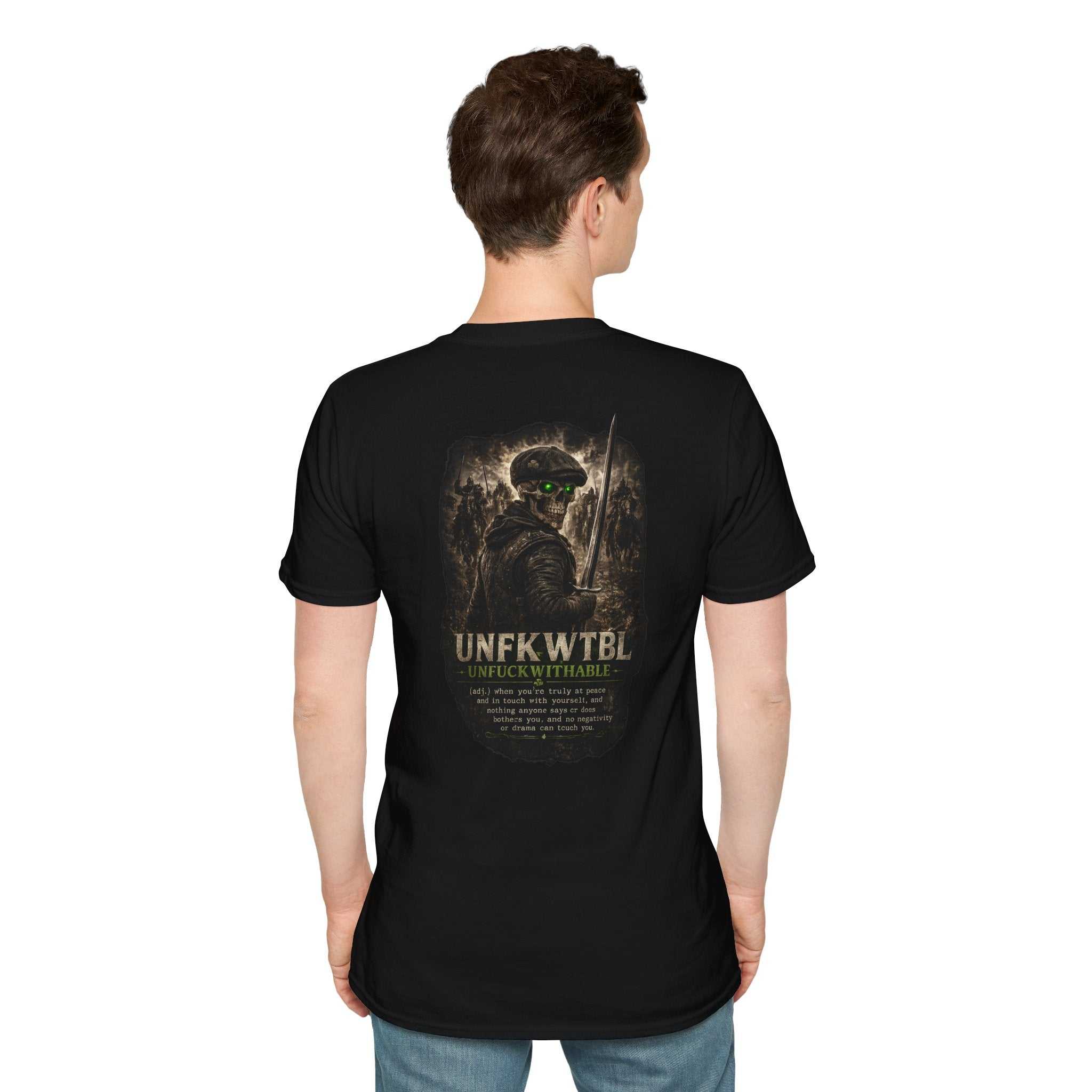 UNFKWTBL unisex military tactical graphic tee with soldier and bold distressed lettering on cotton blend fabric
