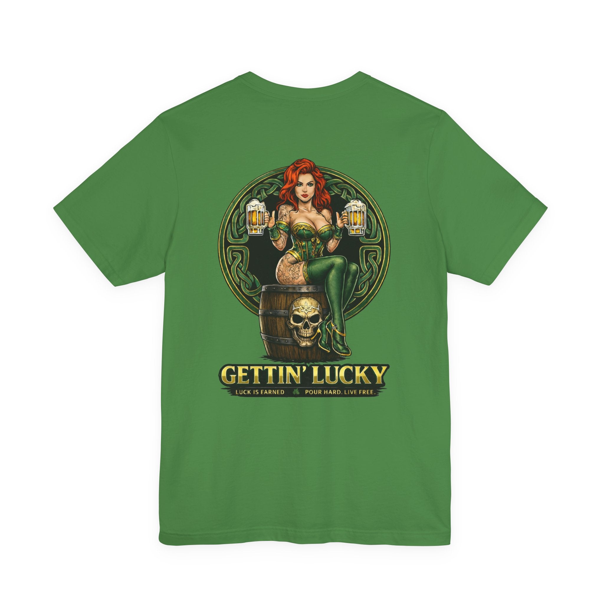 Gettin' Lucky St. Patrick's T-Shirt — Pinup Skull Irish Beer Graphic Tee