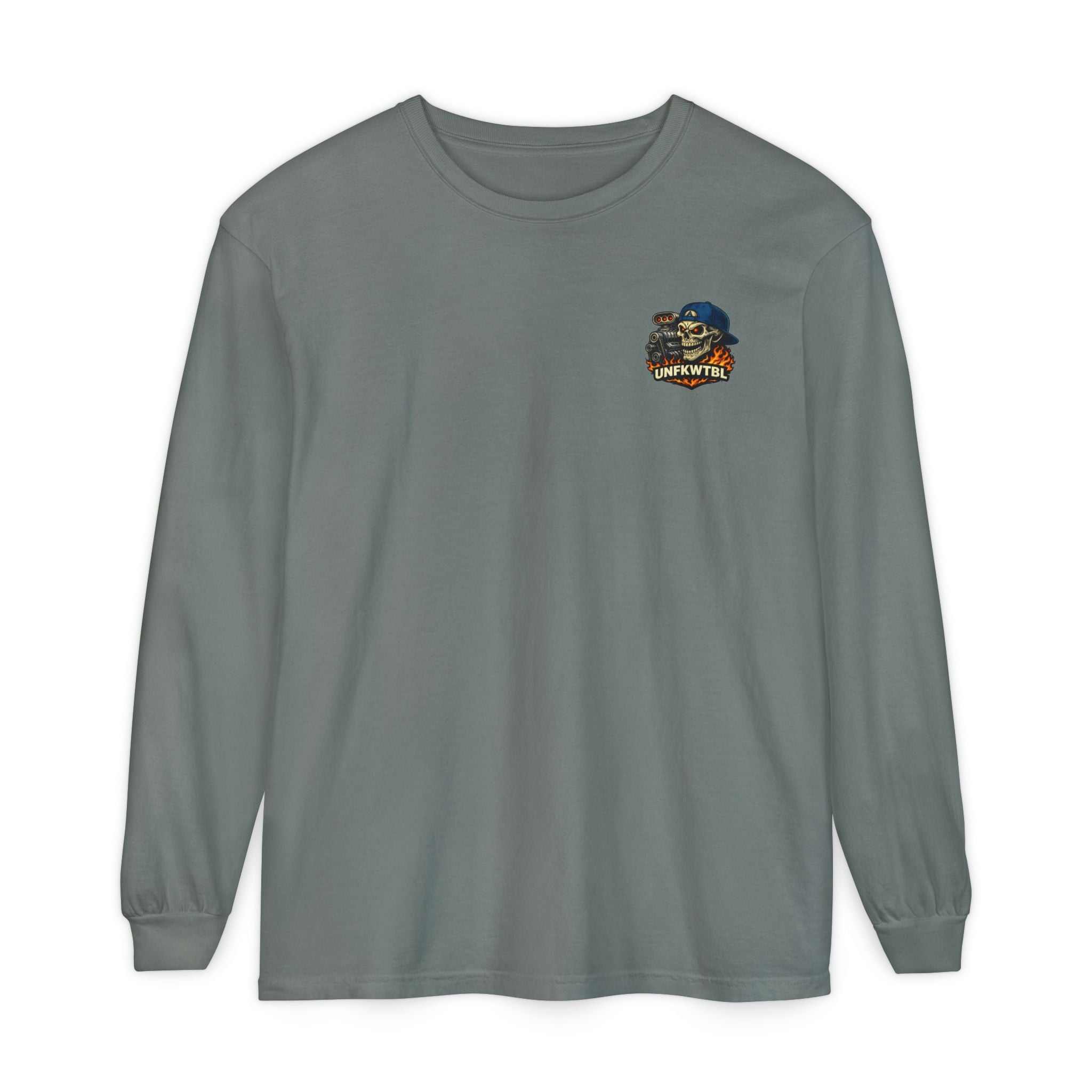 Still Burnin' Rubber Long Sleeve Tee — Retro Skull Muscle Car Graphic