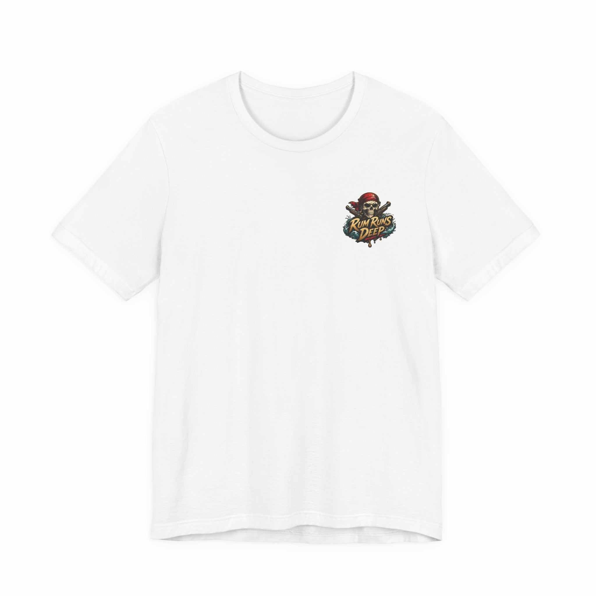 Rum Runs Deep Pirate Tee with nautical graphic and bold text on lightweight cotton shirt