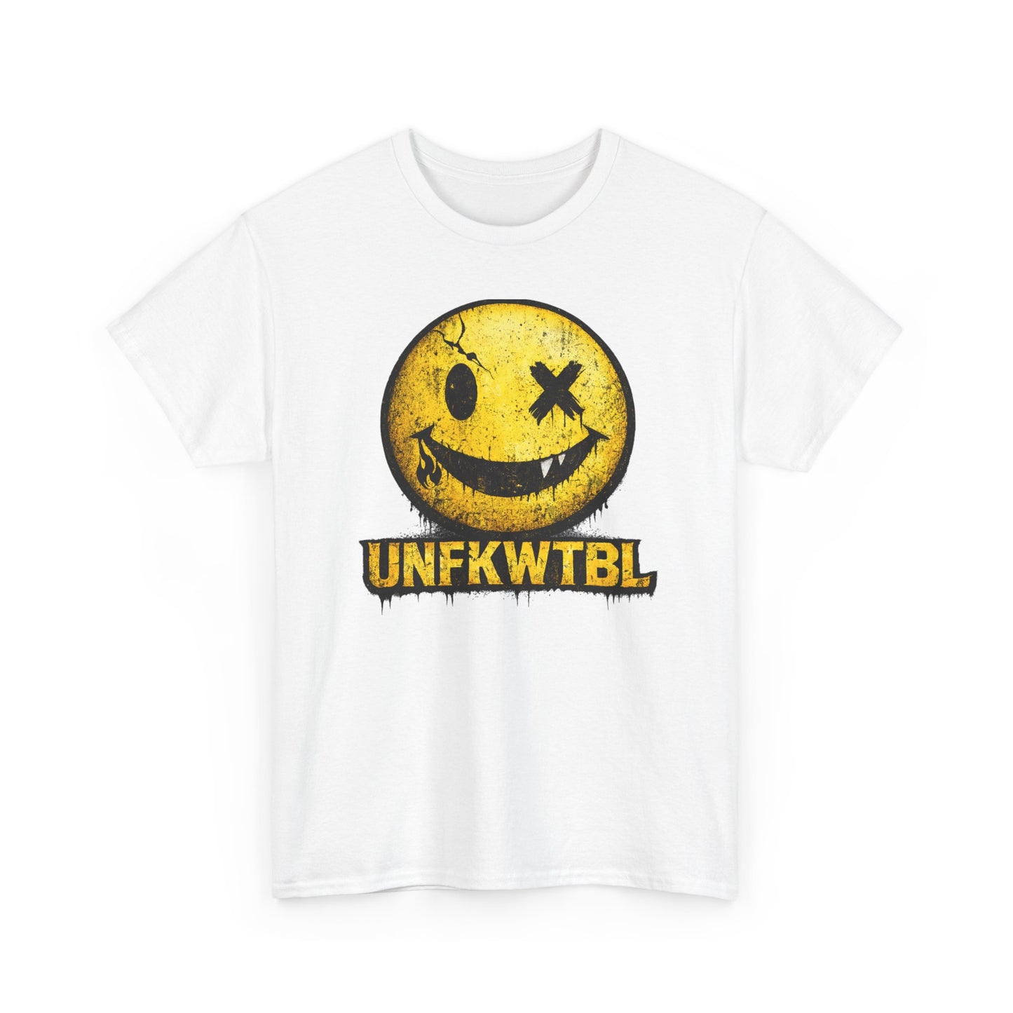 Graphic Tee — Distressed Yellow Smiley Face "UNFKWTBL" Streetwear T-Shirt