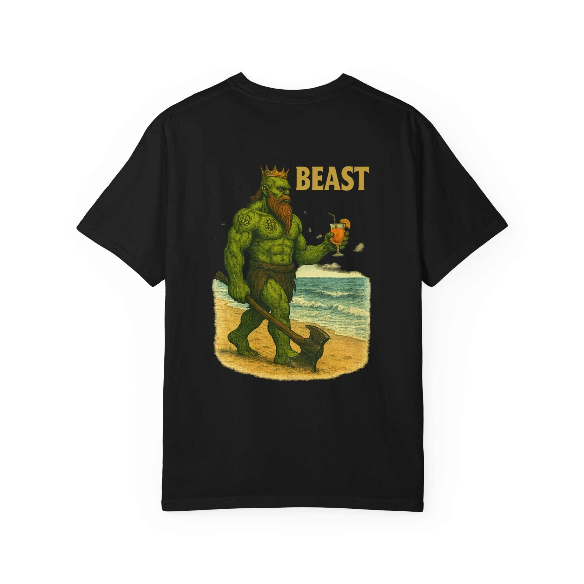 Black unisex t-shirt with graphic of a green beast king wearing a crown holding a drink on the beach, text "BEAST" above.