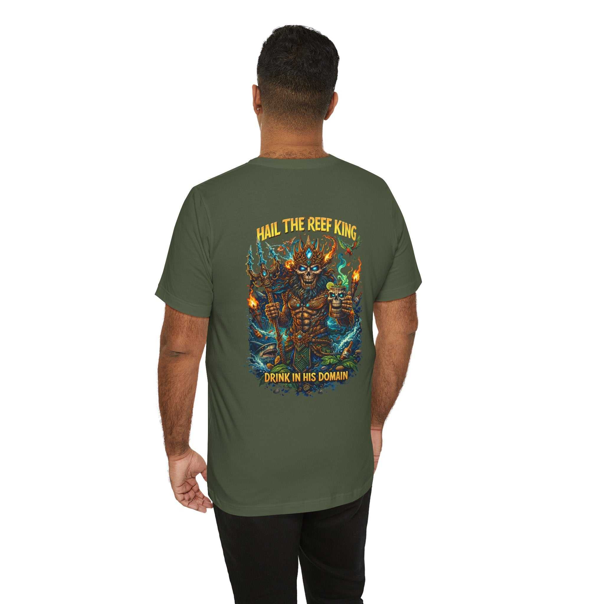 Hail the Reef King graphic t-shirt with coral reef, trident, and oceanic fantasy design on soft cotton