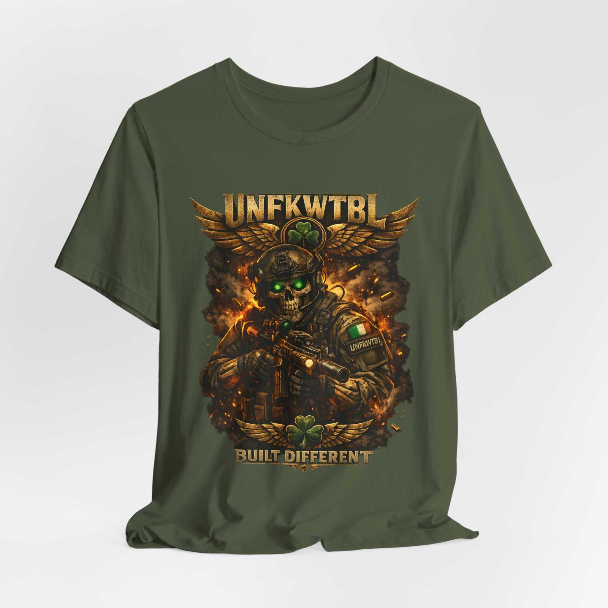 Built Different Military Skull Tee — "UNKFWTBL" Tactical Graphic T-Shirt