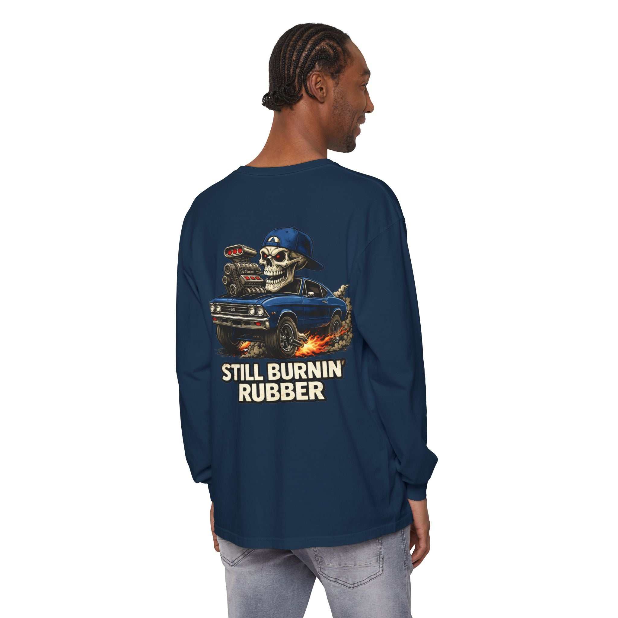 Still Burnin' Rubber Long Sleeve Tee — Retro Skull Muscle Car Graphic