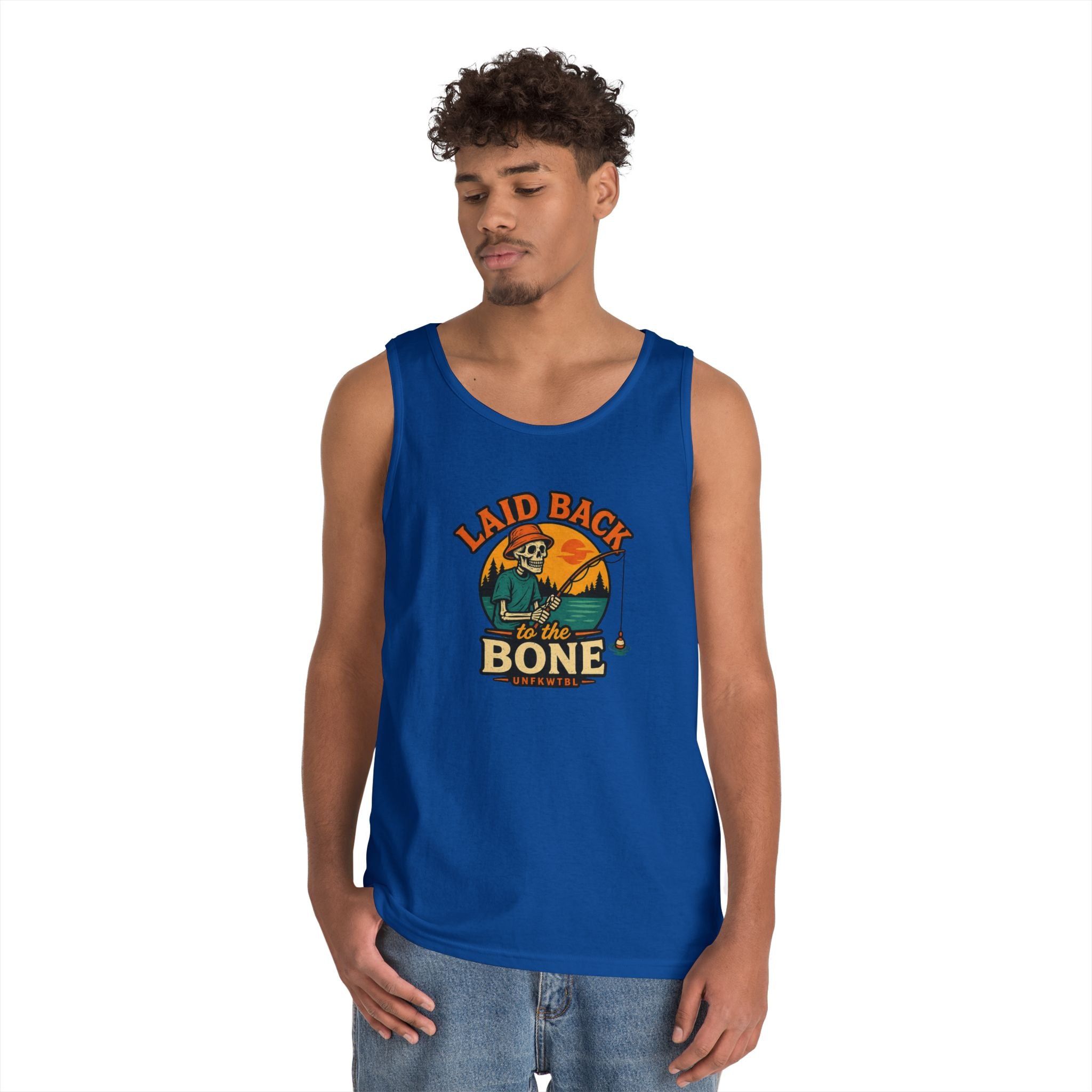 Laid Back to the Bone Tank Top — Retro Skull & Sunset Summer Graphic