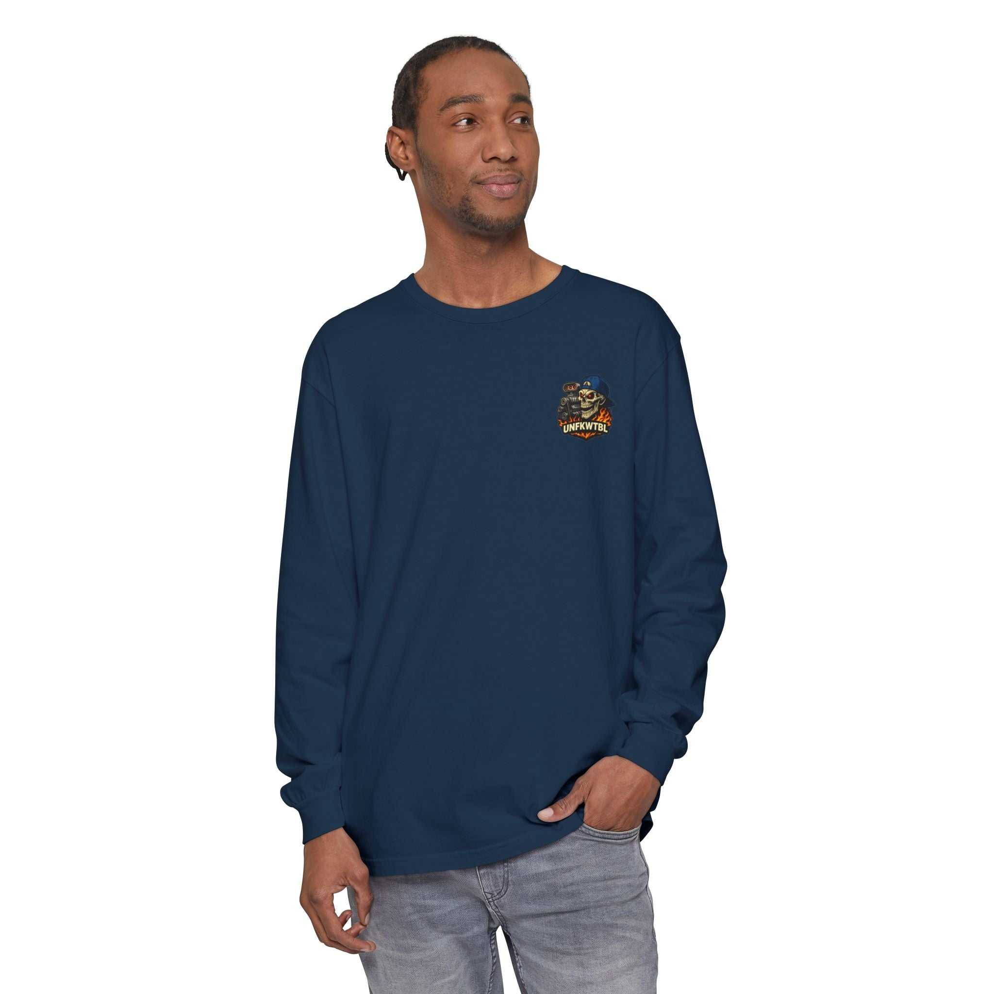 Still Burnin' Rubber Long Sleeve Tee — Retro Skull Muscle Car Graphic