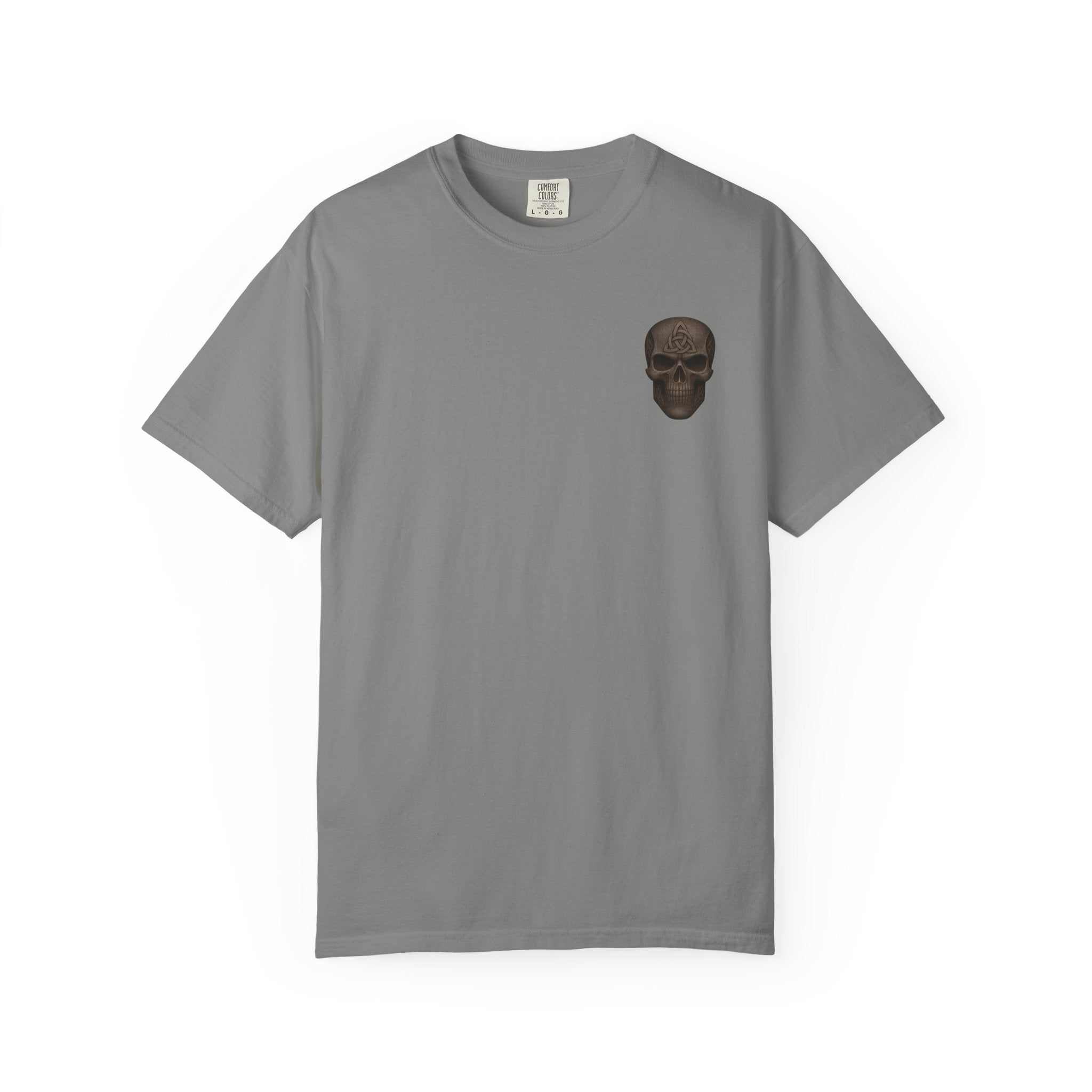 Gray unisex garment-dyed t-shirt with small dark skull graphic on chest, made of 100% ring-spun cotton.