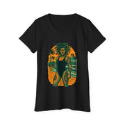 Women's black short sleeve Bohemian Goddess Organic T-Shirt with vibrant Medusa-inspired design and tropical background