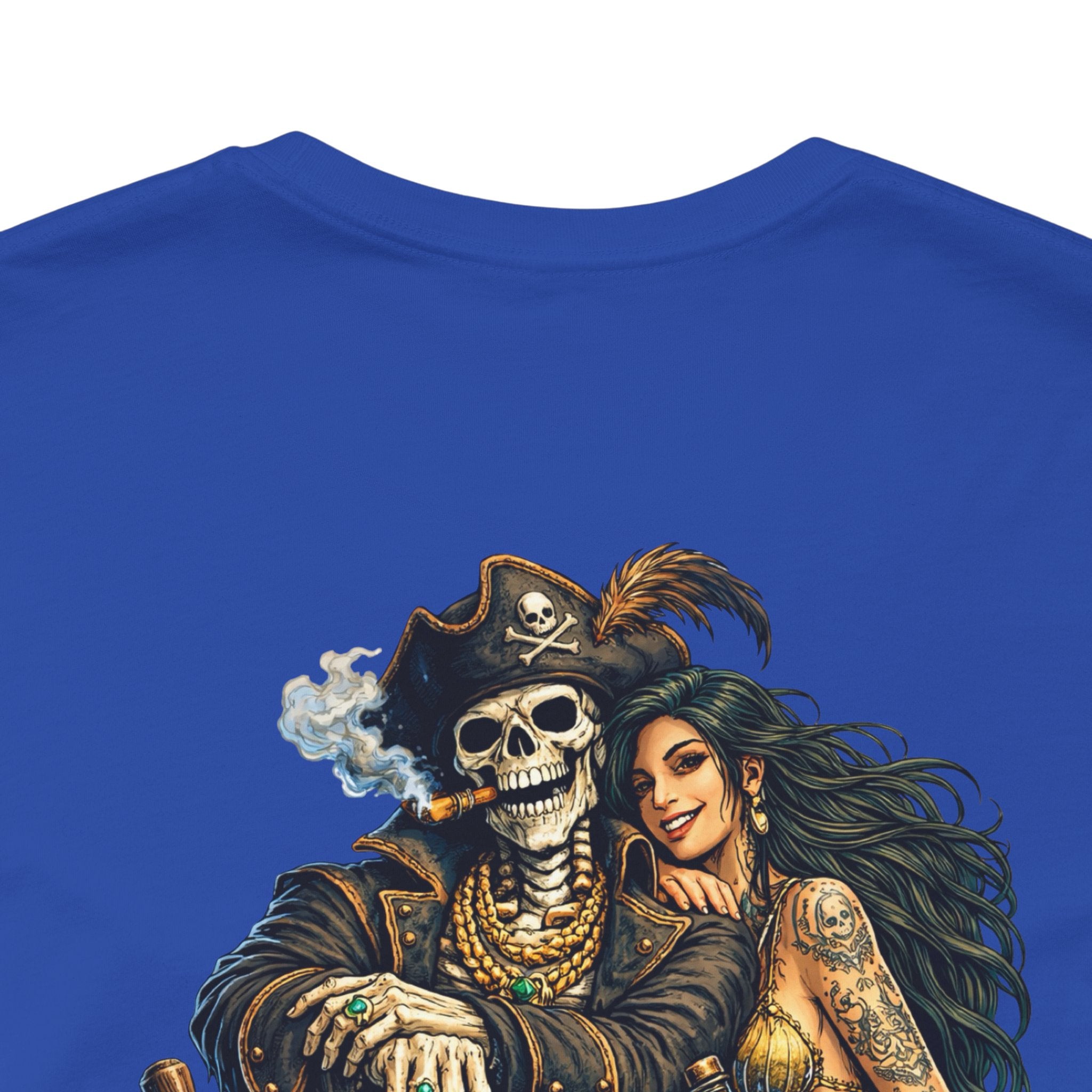Pirate Skeleton & Mermaid Graphic Tee — Nautical Skull Crew Neck Shirt
