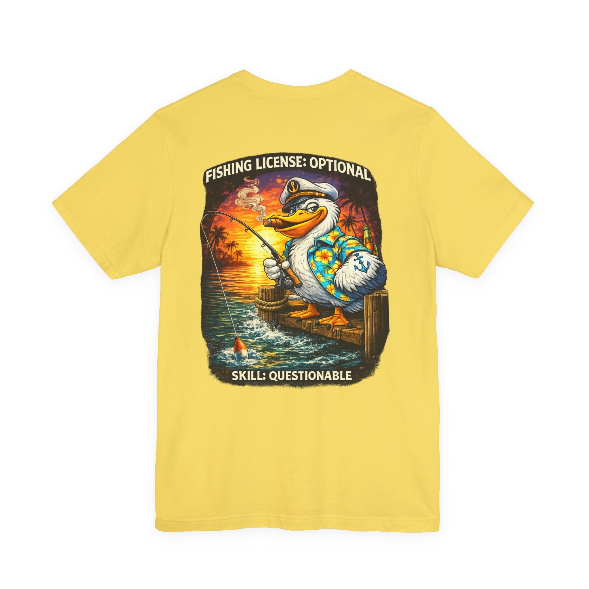 Fishing Duck T-Shirt — “Fishing License: Optional, Skill: Questionable” Graphic Tee