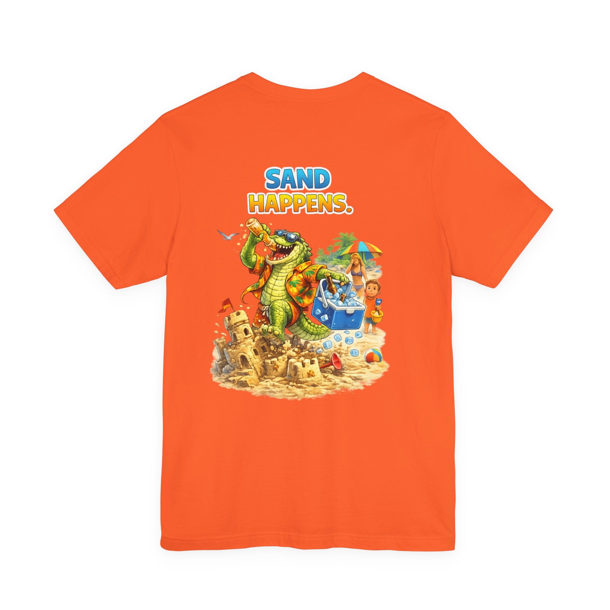 Sand Happens T-Shirt — Playful Alligator Beach Tee