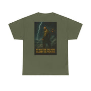 Green unisex tee with inspirational quote "No matter the odds, glory is yours" and artwork of a warrior with lightning background