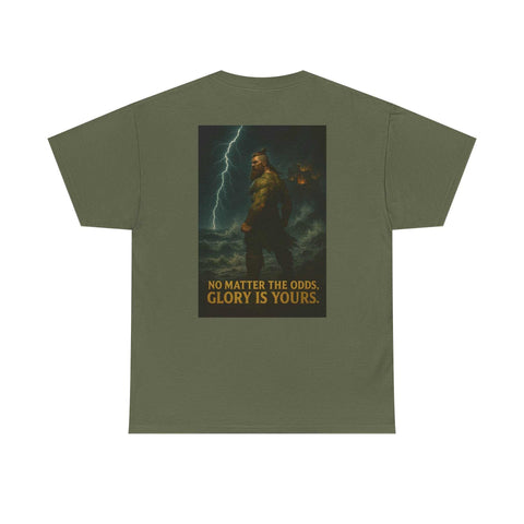 Green unisex tee with inspirational quote "No matter the odds, glory is yours" and artwork of a warrior with lightning background