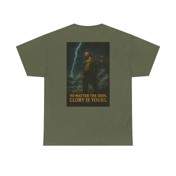 Green unisex tee with inspirational quote "No matter the odds, glory is yours" and artwork of a warrior with lightning background